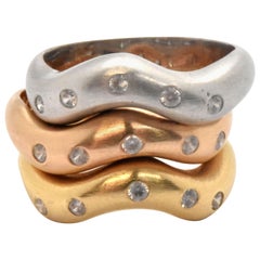 Set of Three Brushed 18 Karat Tri-Color Gold and Diamond Stackable Rings