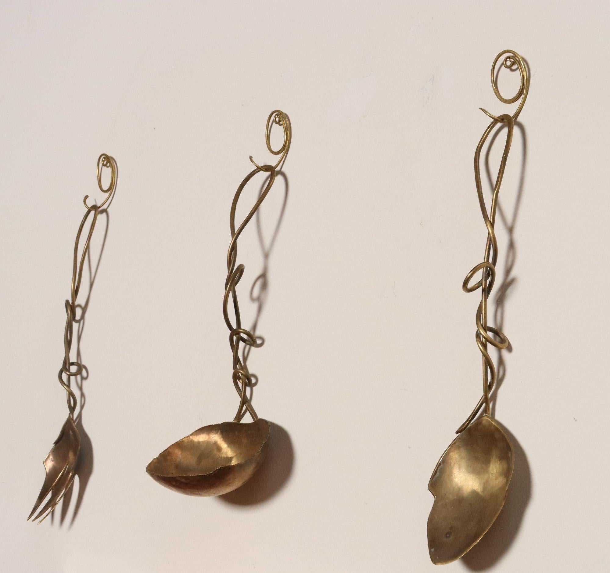 Austrian Set of Three Brutalist Brass Decorative Serving Pieces - Ladle, Spoon, and Fork For Sale