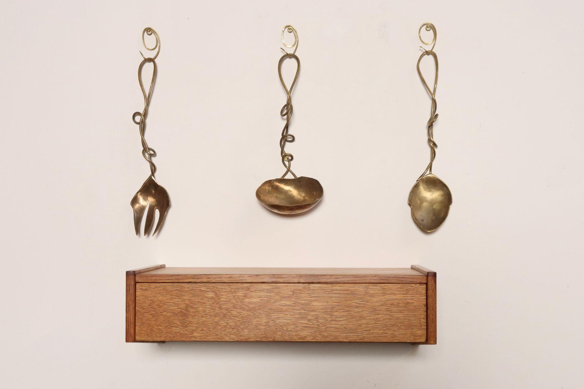 Late 20th Century Set of Three Brutalist Brass Decorative Serving Pieces - Ladle, Spoon, and Fork For Sale