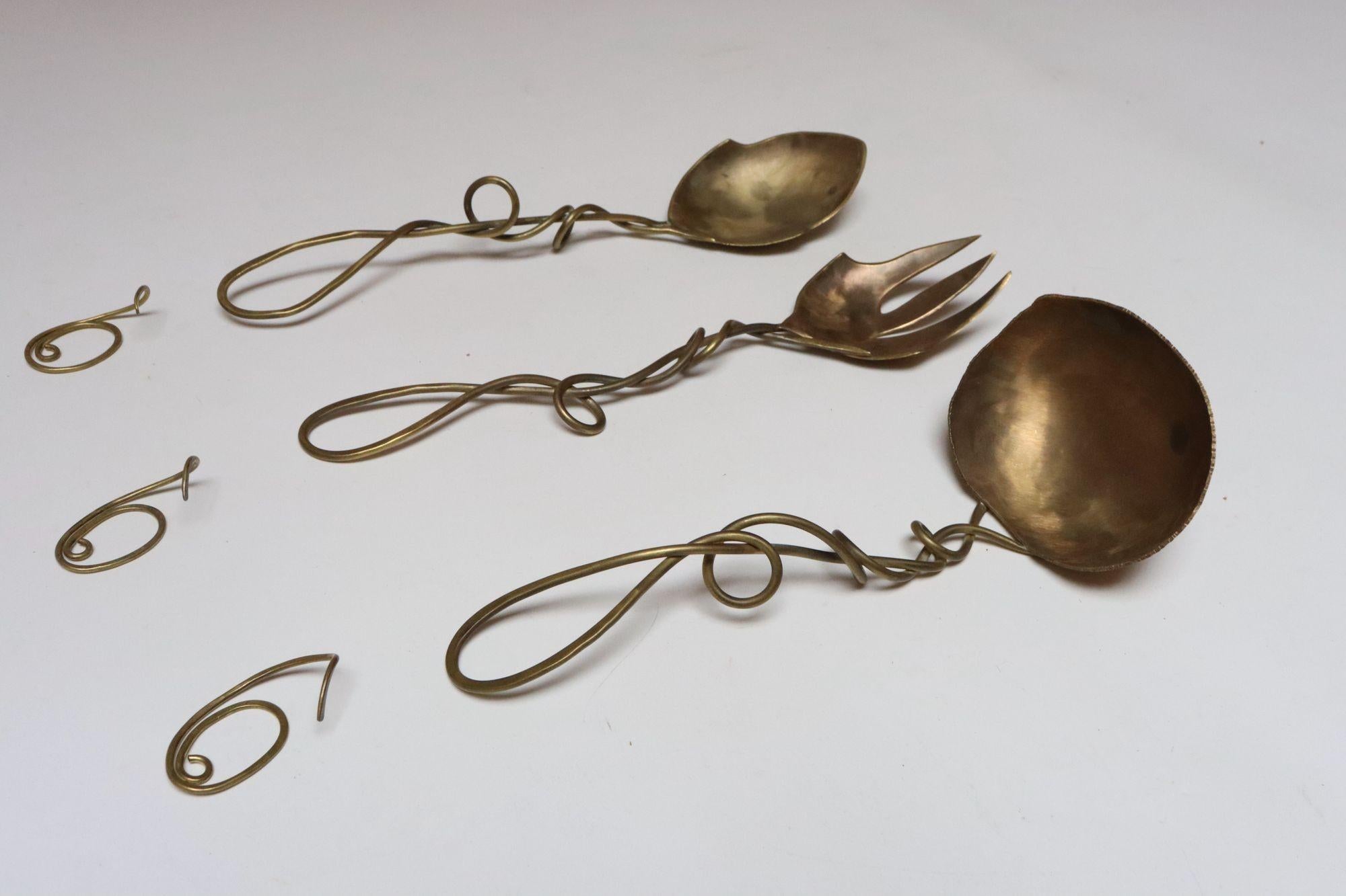 Set of Three Brutalist Brass Decorative Serving Pieces - Ladle, Spoon, and Fork For Sale 1