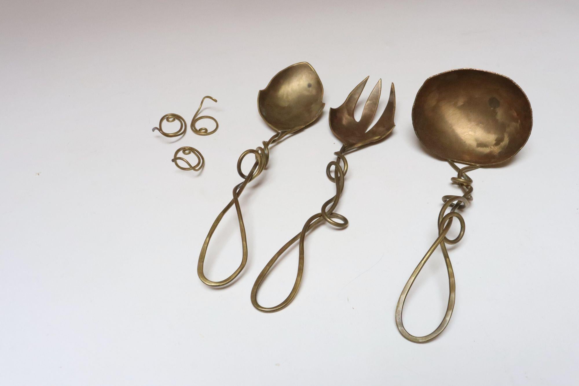 Set of Three Brutalist Brass Decorative Serving Pieces - Ladle, Spoon, and Fork For Sale 2