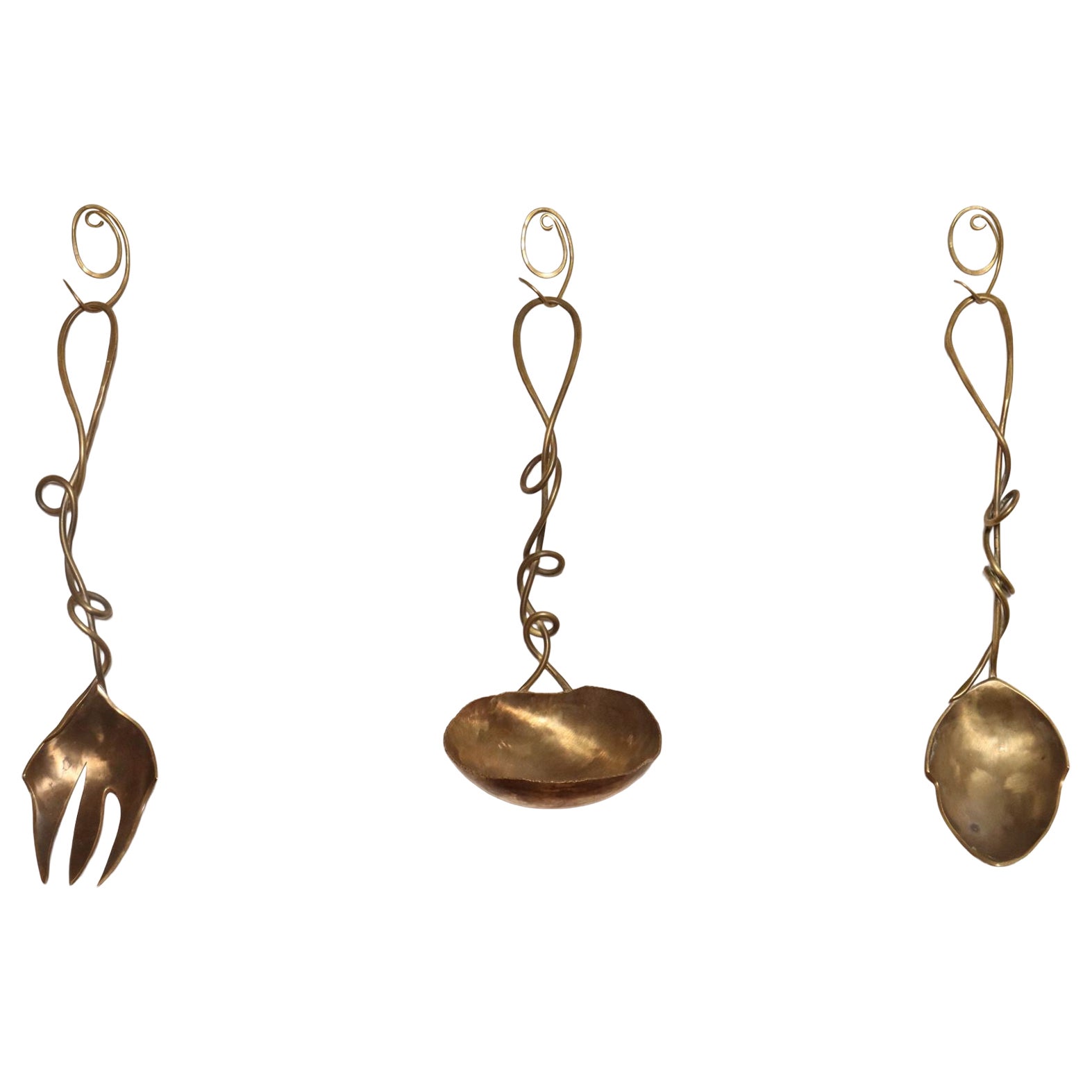 Set of Three Brutalist Brass Decorative Serving Pieces - Ladle, Spoon, and Fork For Sale