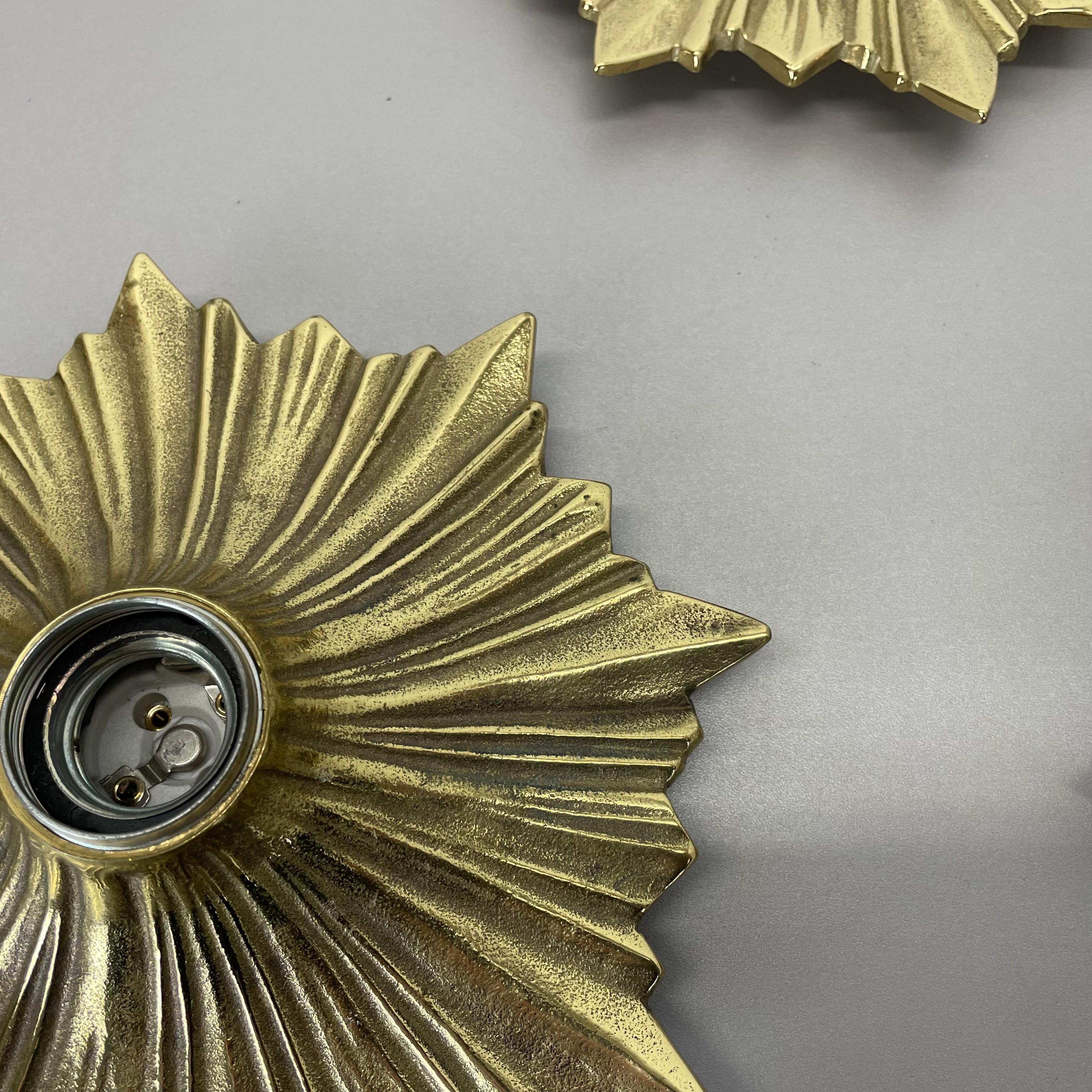 Set of Three Brutalist Bronze Sunburst Wall Ceiling Light Sconces, Italy 1950s For Sale 3