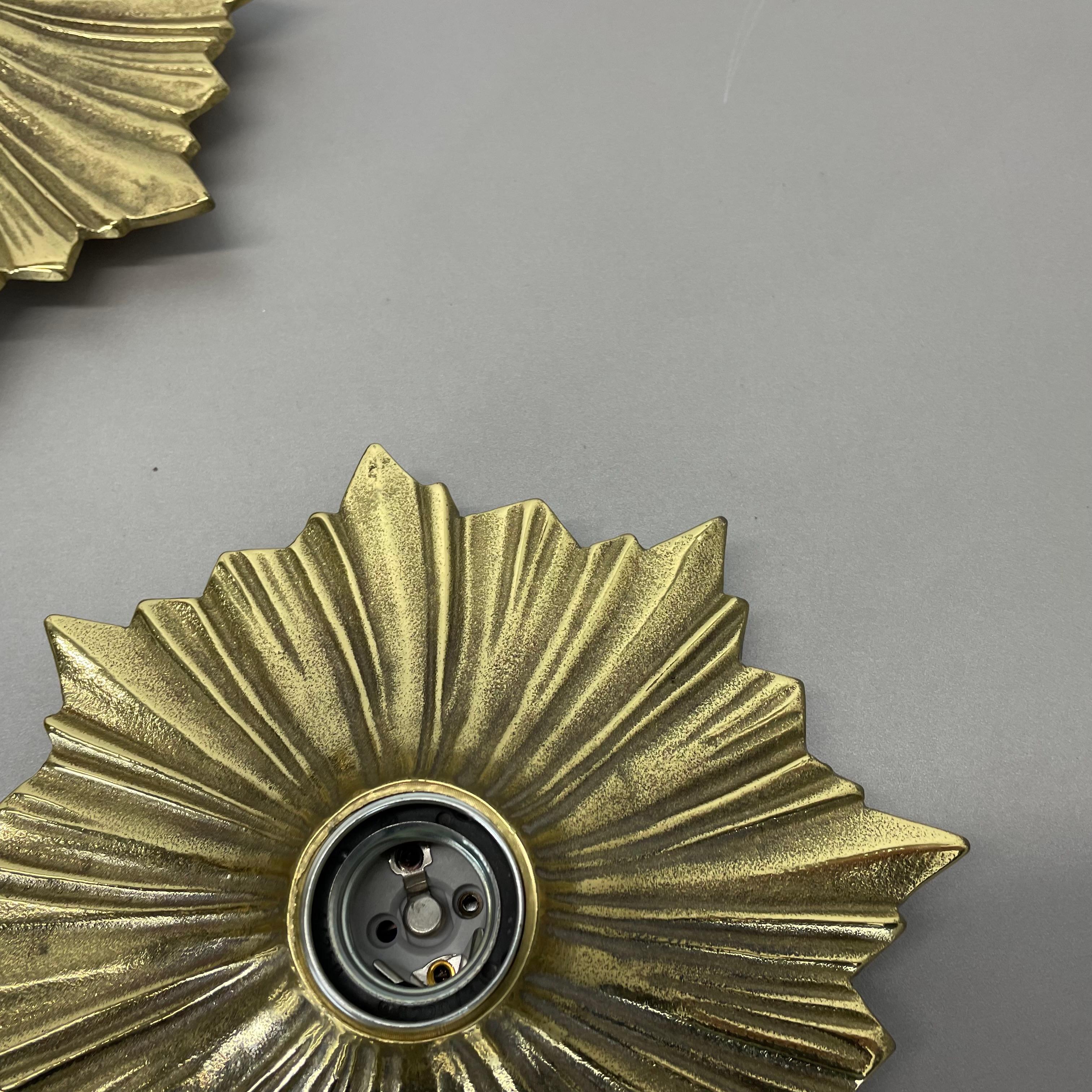 Set of Three Brutalist Bronze Sunburst Wall Ceiling Light Sconces, Italy 1950s For Sale 6