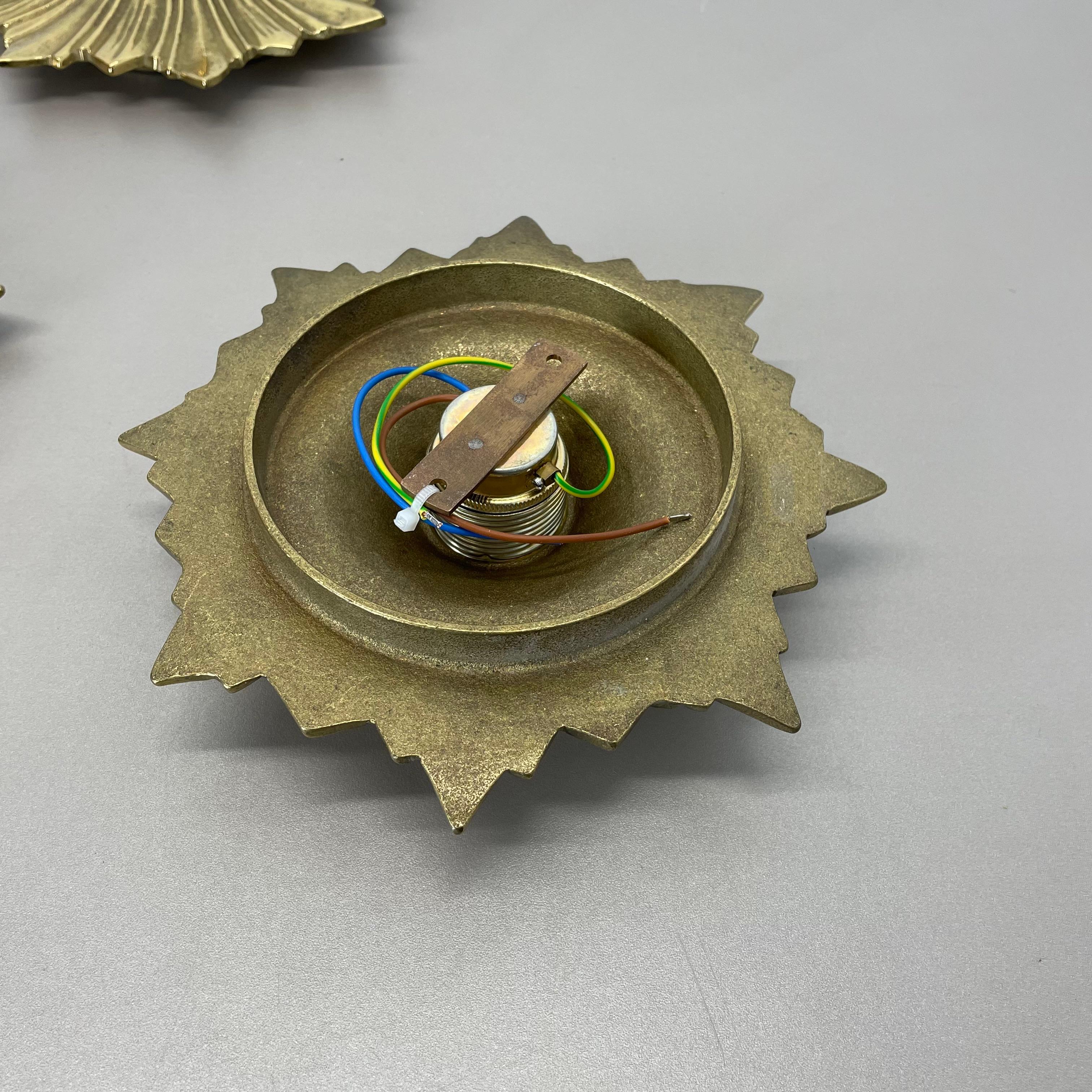 Set of Three Brutalist Bronze Sunburst Wall Ceiling Light Sconces, Italy 1950s For Sale 9