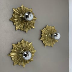 Set of Three Brutalist Bronze Sunburst Wall Ceiling Light Sconces, Italy 1950s