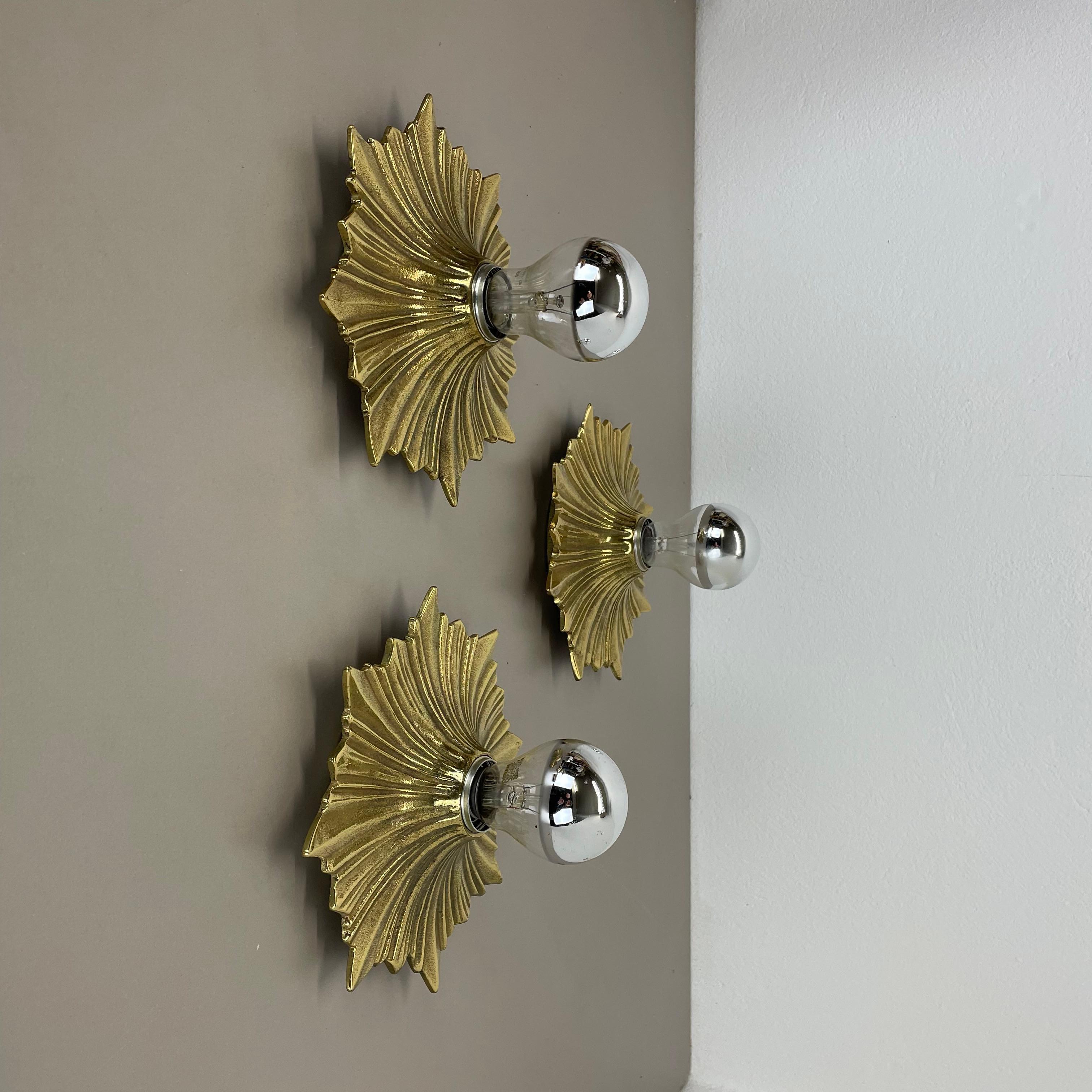 Italian Set of Three Brutalist Bronze Sunburst Wall Ceiling Light Sconces, Italy 1950s For Sale