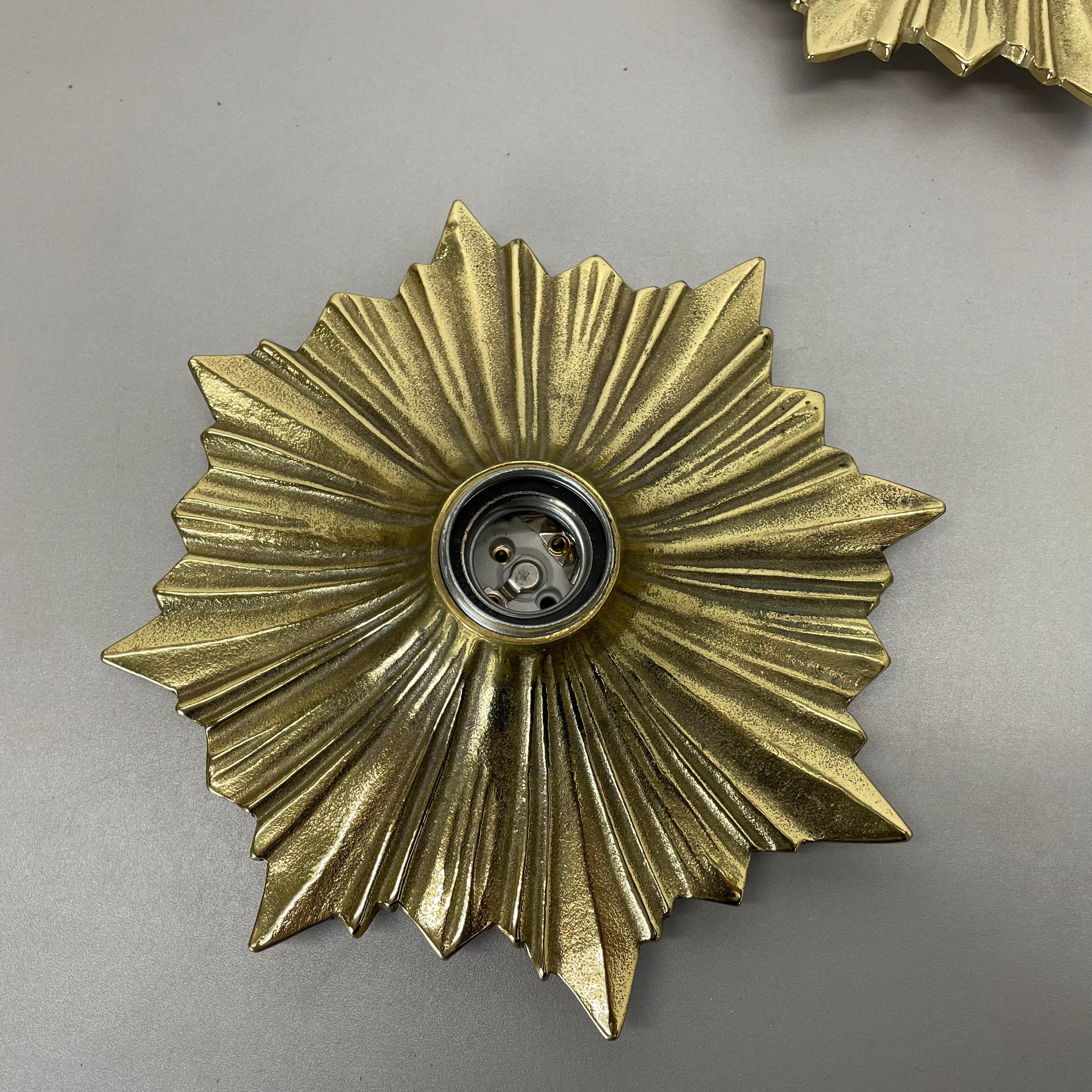 Metal Set of Three Brutalist Bronze Sunburst Wall Ceiling Light Sconces, Italy 1950s For Sale