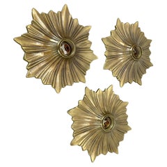 Set of Three Brutalist Bronze Sunburst Wall Ceiling Light Sconces, Italy 1950s