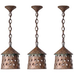 Set of Three Brutalist Copper Lanterns, circa 1970