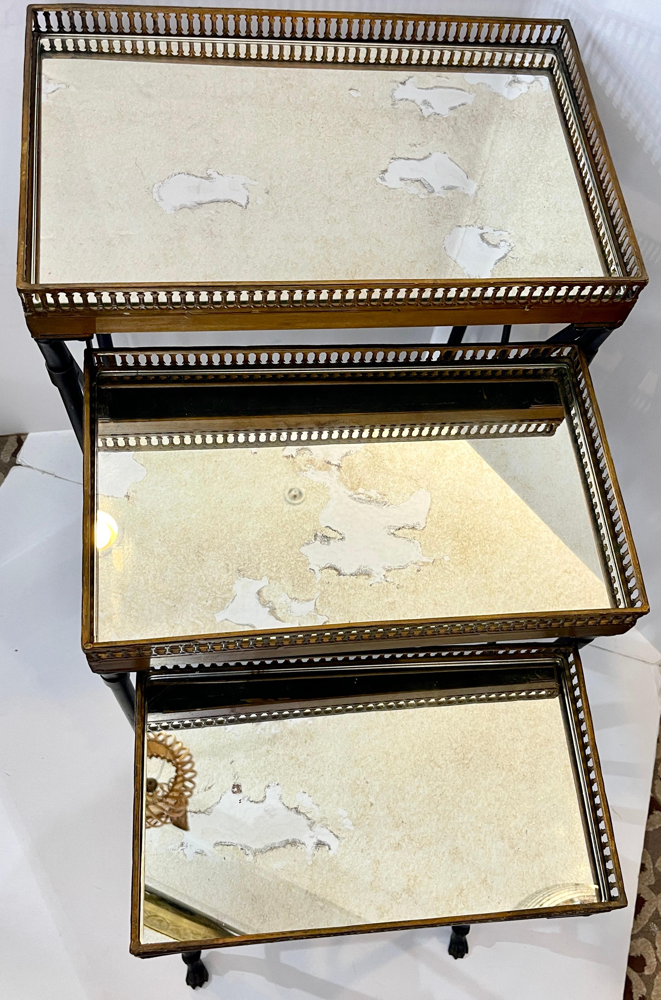 French Set of Three Campaign Style Mirrored Top Gallery Nesting Table, France For Sale