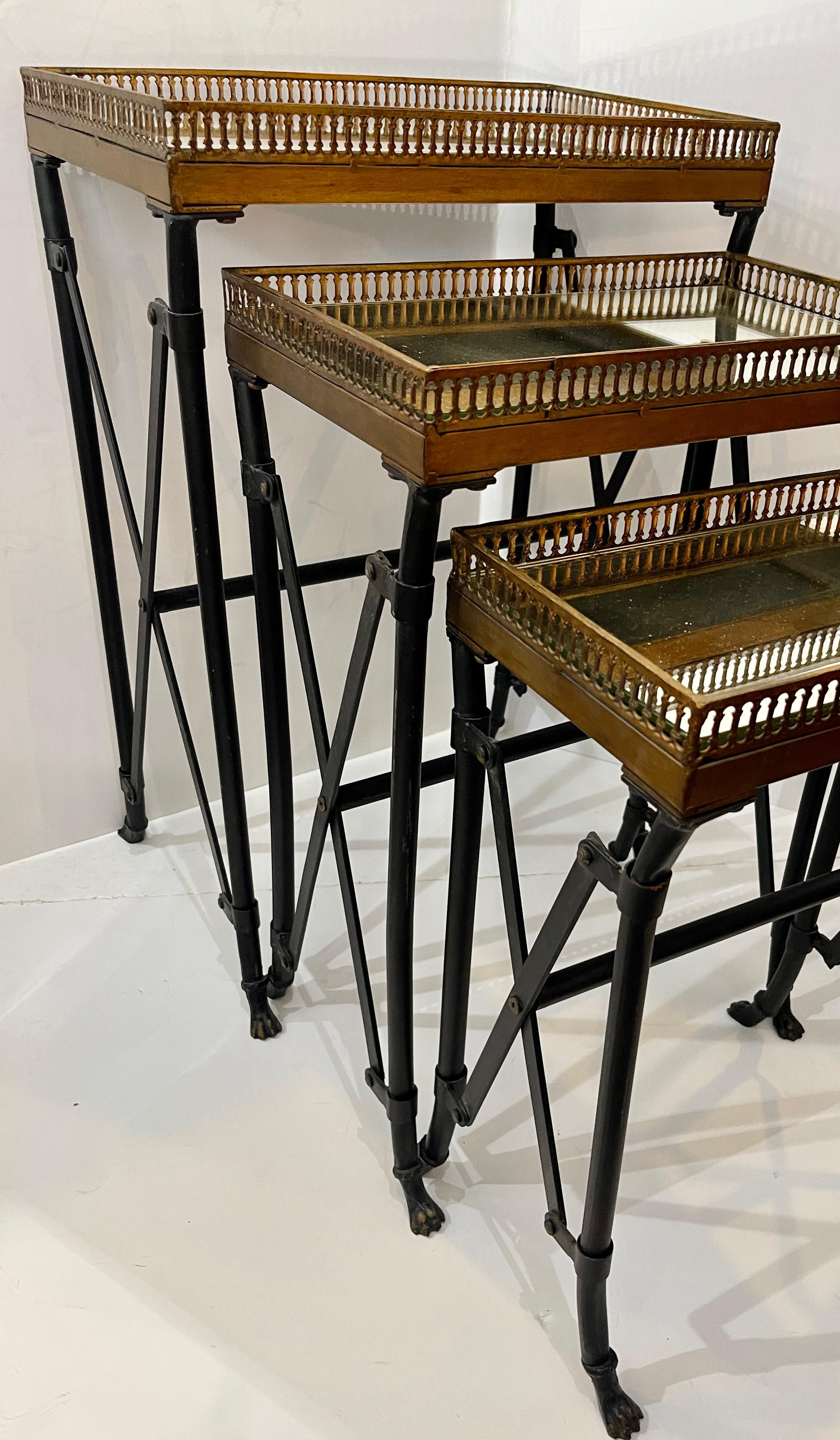 Bronzed Set of Three Campaign Style Mirrored Top Gallery Nesting Table, France For Sale