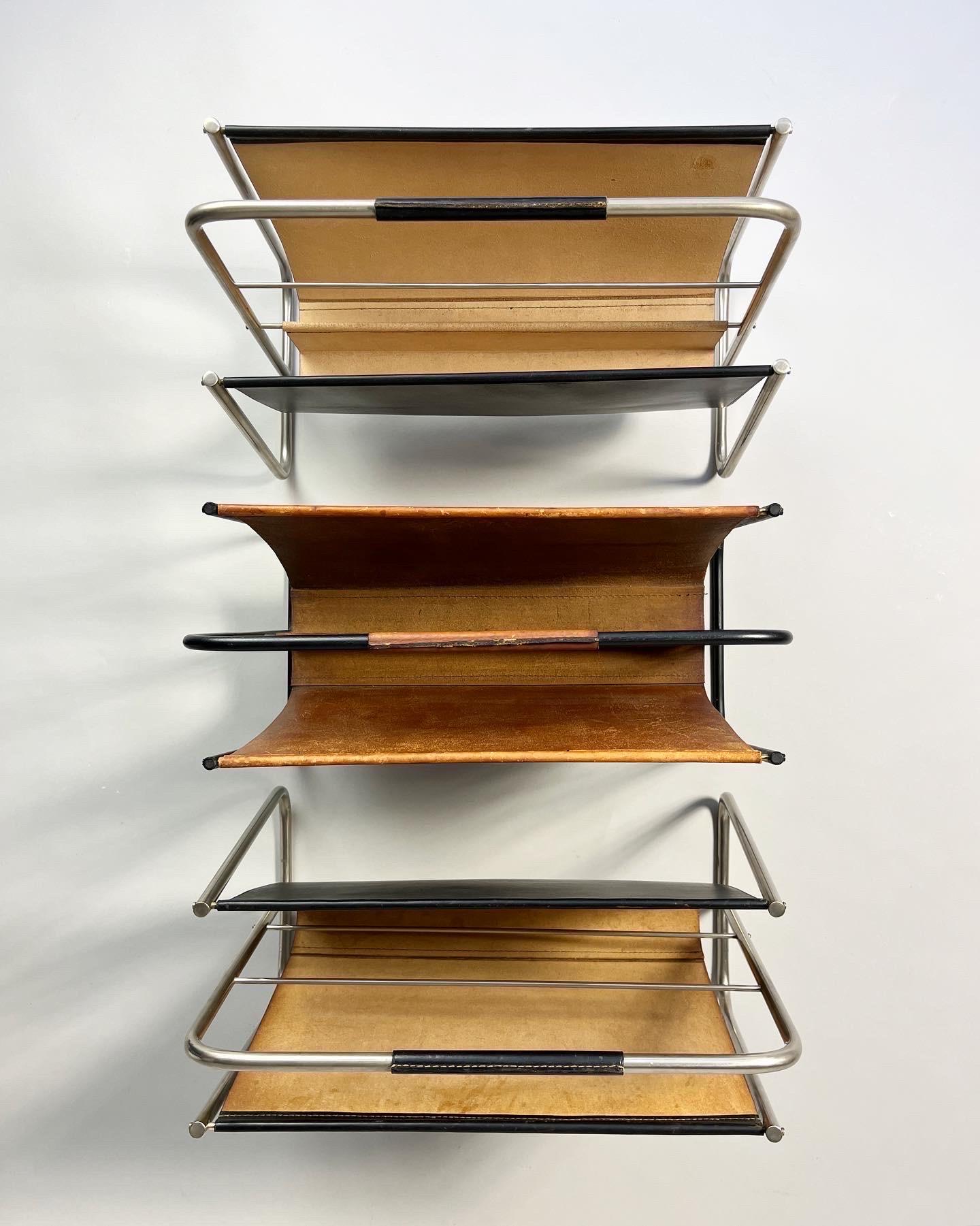 Set of Three Carl Auböck Magazine Racks Leather & Nickel Austria 1950s In Good Condition In Basel, BS