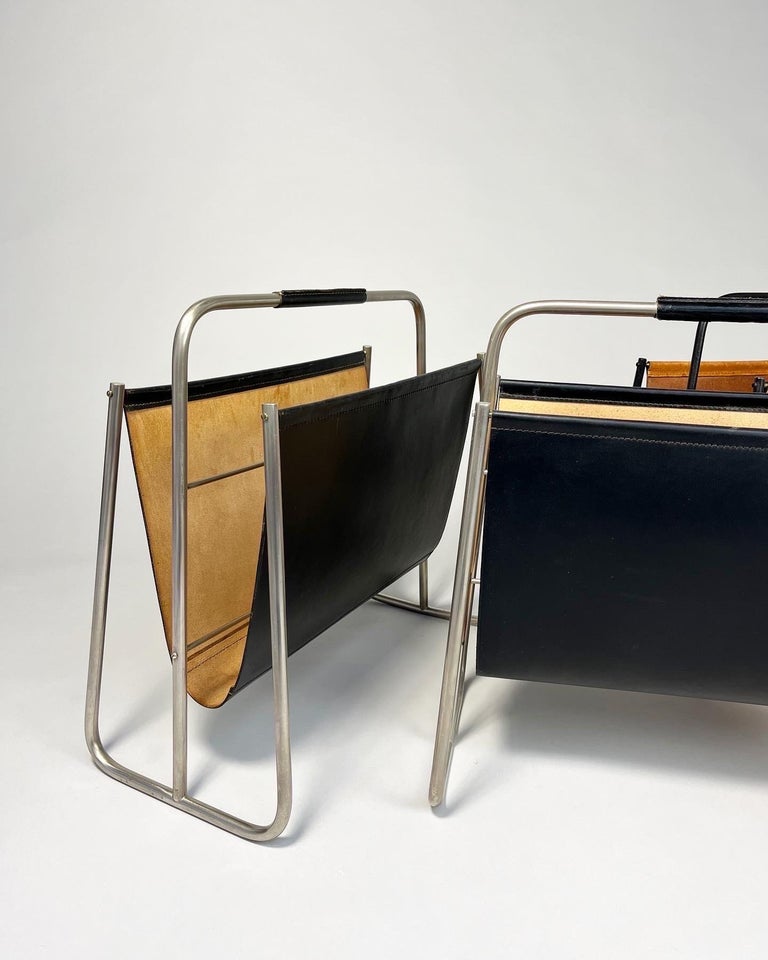 Set of Three Carl Auböck Magazine Racks Leather and Nickel Austria