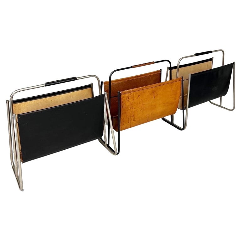 Set of Three Carl Auböck Magazine Racks Leather and Nickel Austria 1950s For Sale at 1stDibs