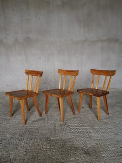Set of three Carl Malmsten dining chairs in solid Oregon pine, Sweden 1960s