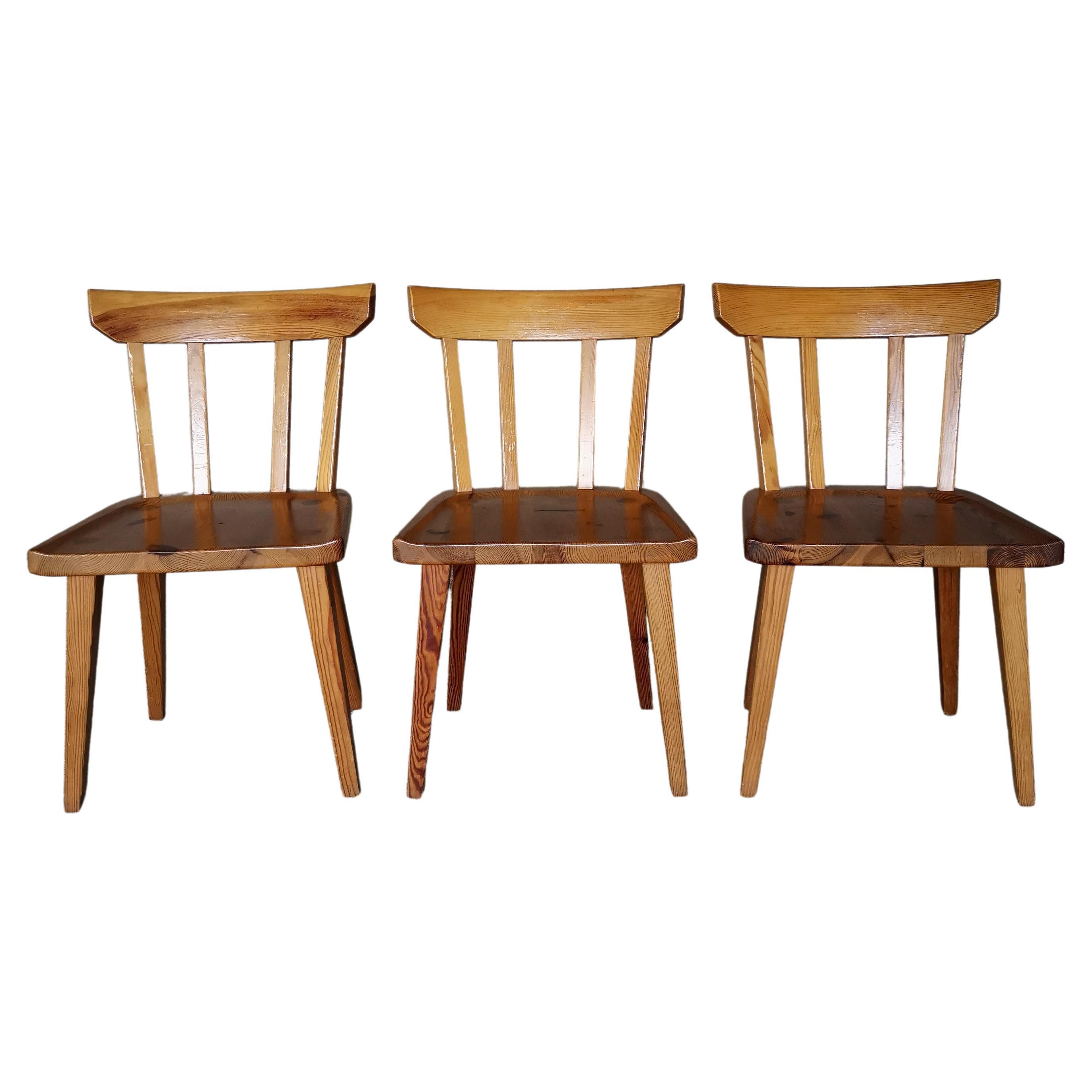 Set of three Carl Malmsten dining chairs in solid Oregon pine, Sweden 1960s For Sale