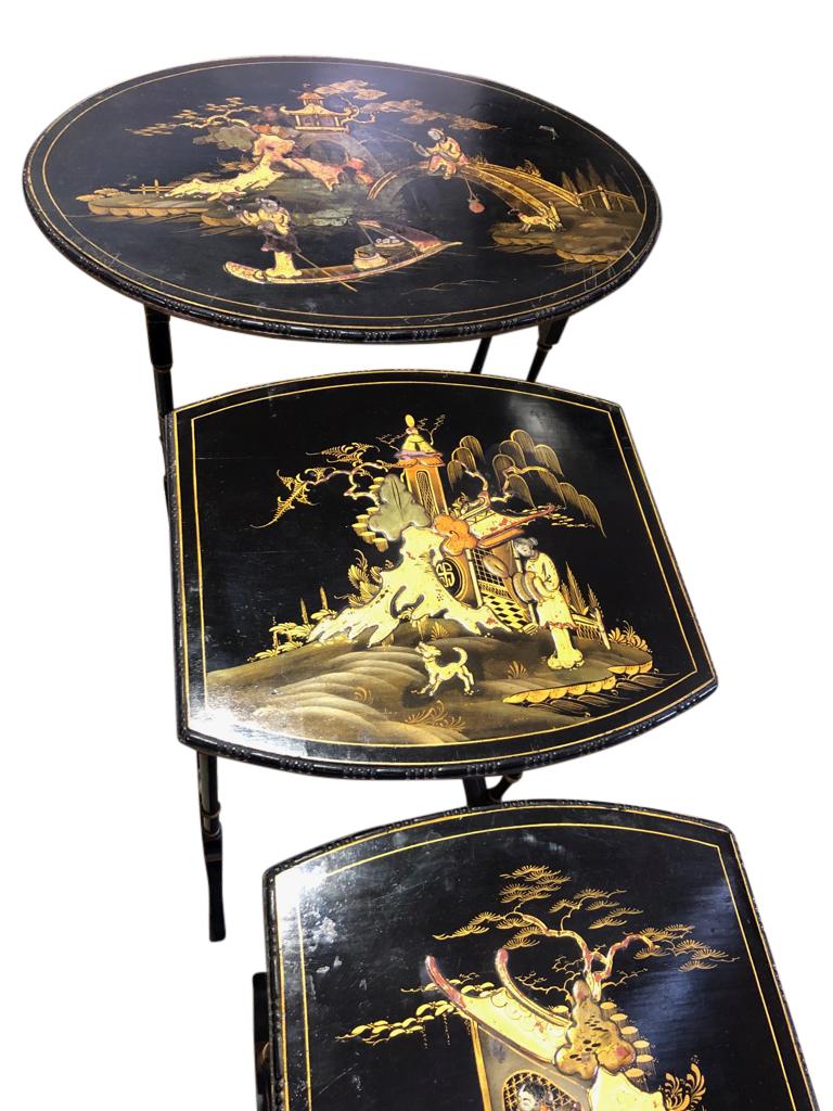 Wood Set of Three Carved Chinese Chinoiserie Nested Tables For Sale