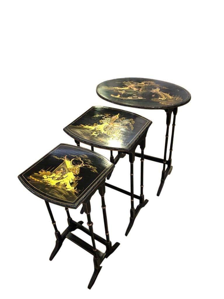 Wood Set of Three Carved Chinese Chinoiserie Nested Tables For Sale