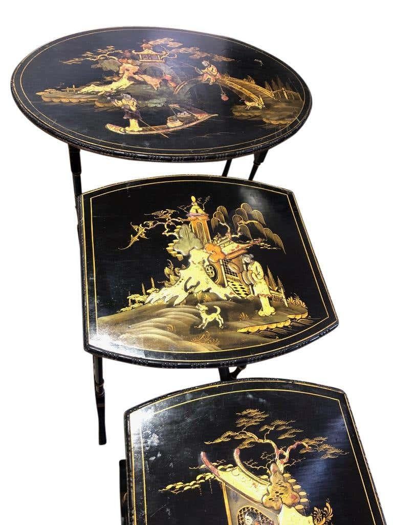Set of Three Carved Chinese Chinoiserie Nested Tables For Sale 1