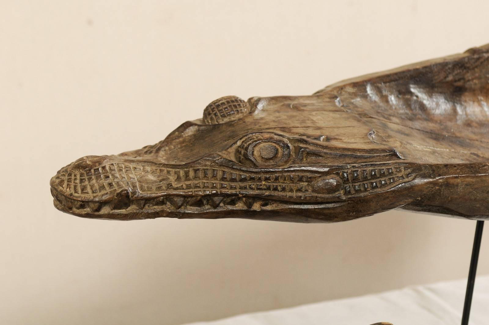 Set of Three Carved Wood Crocodile Head Boat Prows on Stands, Papua New Guinea For Sale 2