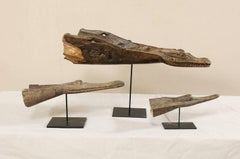 Set of Three Carved Wood Crocodile Head Boat Prows on Stands, Papua New Guinea