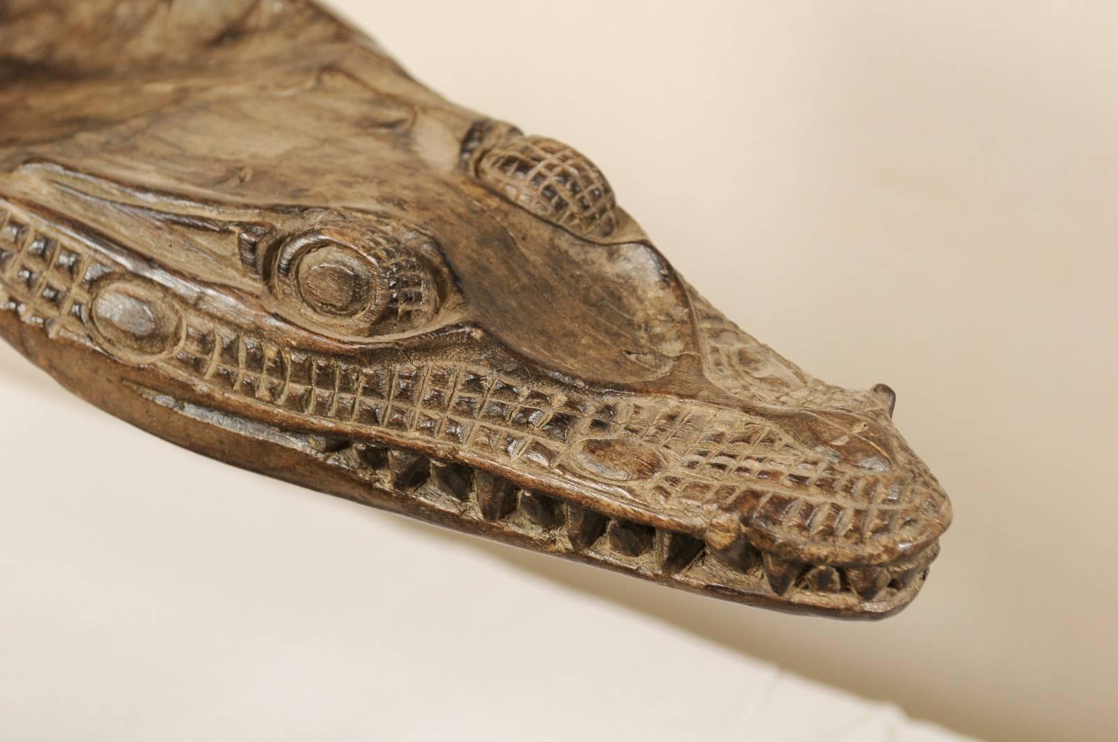 Set of Three Carved Wood Crocodile Head Boat Prows on Stands, Papua New Guinea In Good Condition For Sale In Atlanta, GA