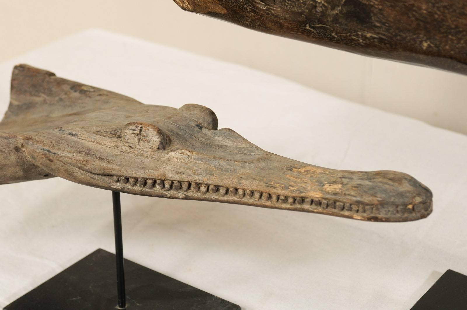 20th Century Set of Three Carved Wood Crocodile Head Boat Prows on Stands, Papua New Guinea For Sale