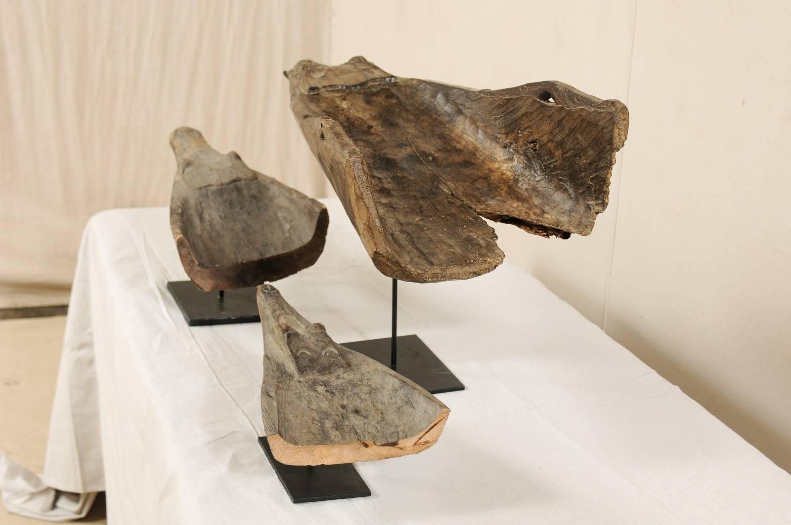 Metal Set of Three Carved Wood Crocodile Head Boat Prows on Stands, Papua New Guinea For Sale