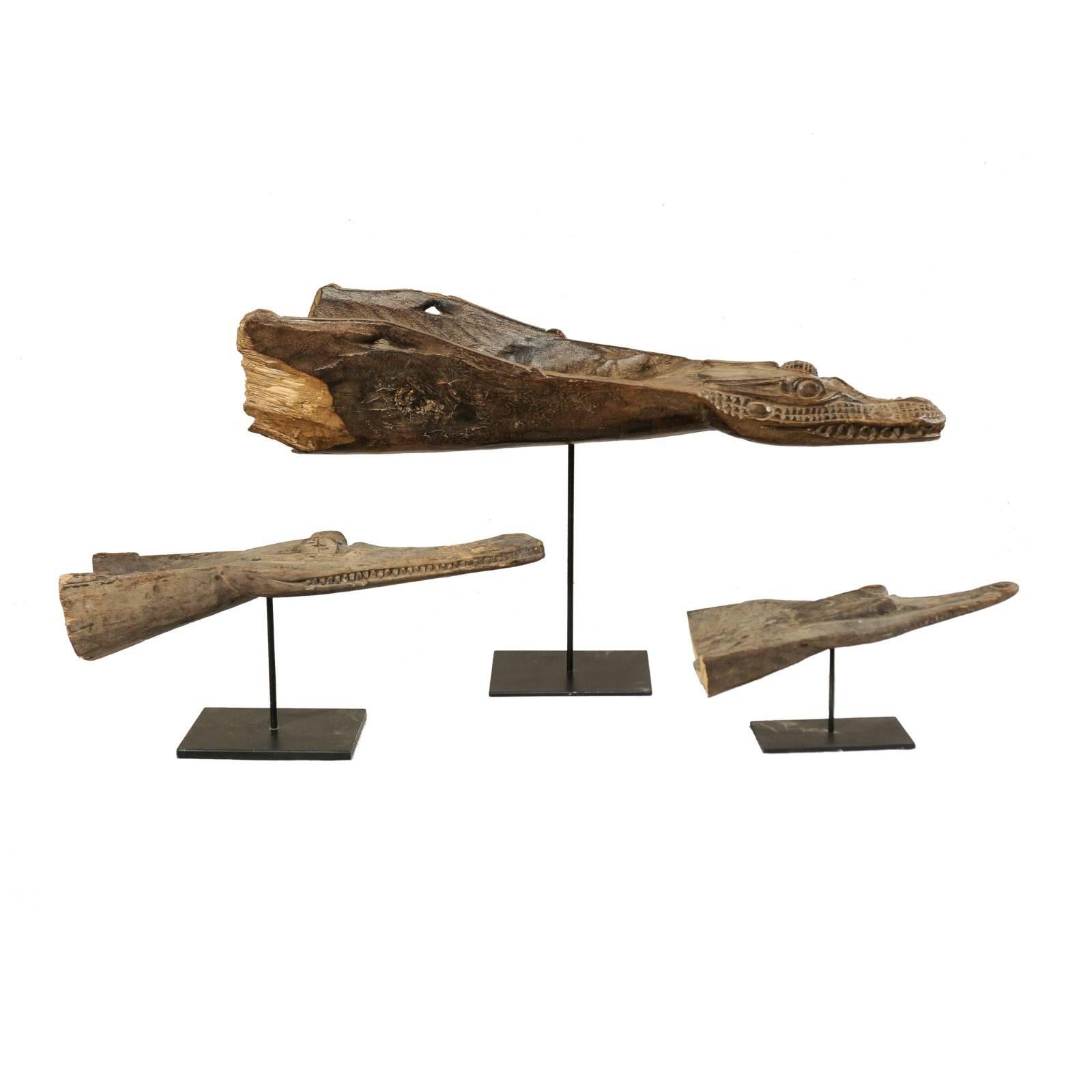 Set of Three Carved Wood Crocodile Head Boat Prows on Stands, Papua New Guinea