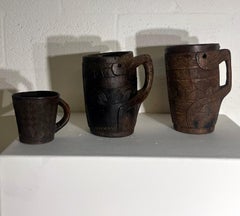 Set of Three Carved Wooden Tibetan Vessels, 19th Century