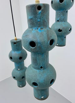 Set of Three Ceramic Blue Ceiling Lamps, Germany, 1970's