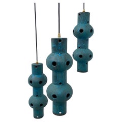Vintage Set of Three Ceramic Blue Ceiling Lamps, Germany, 1970's