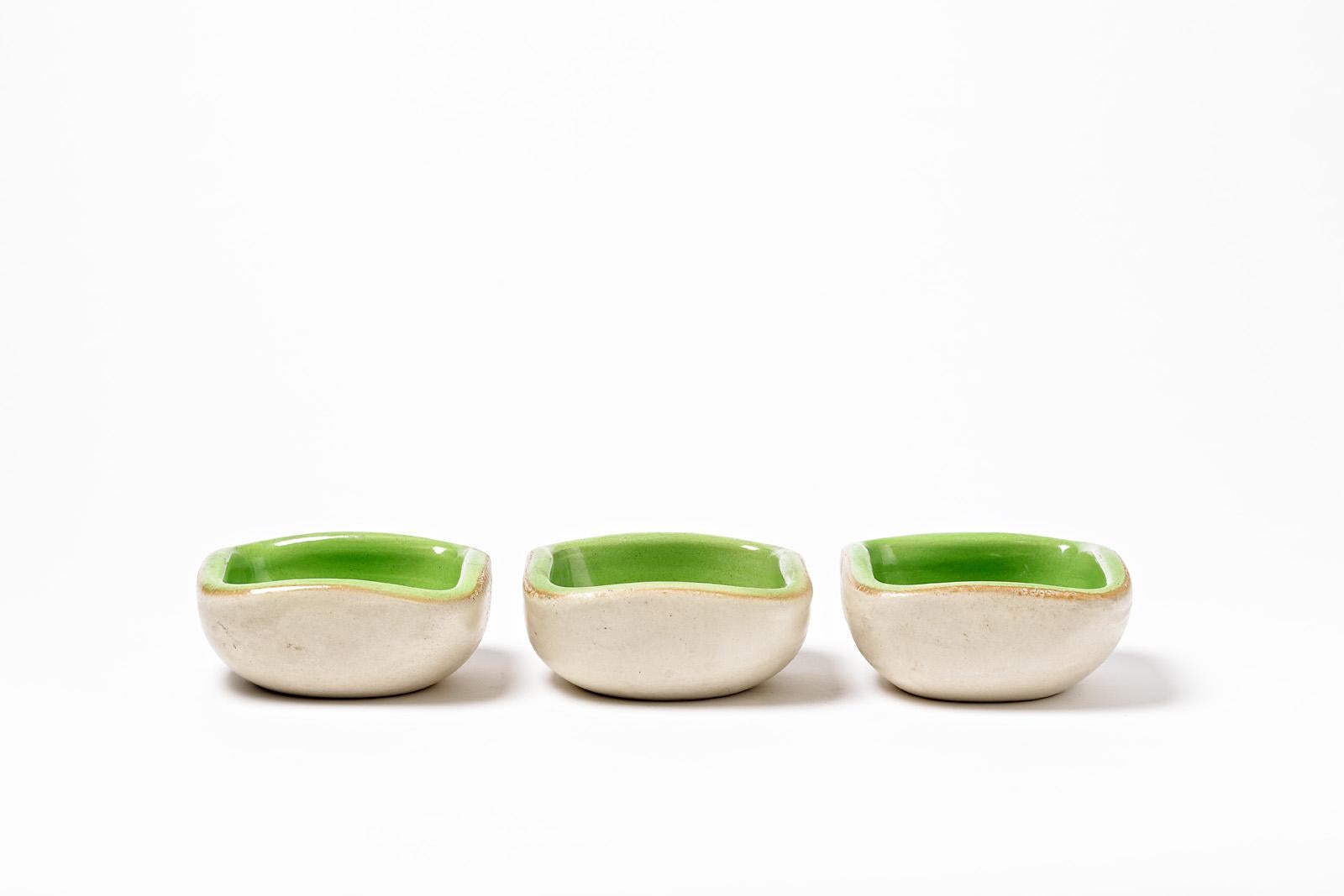 French Set of Three Ceramic Green and White Dishes Cup by Keramos Midcentury Design For Sale