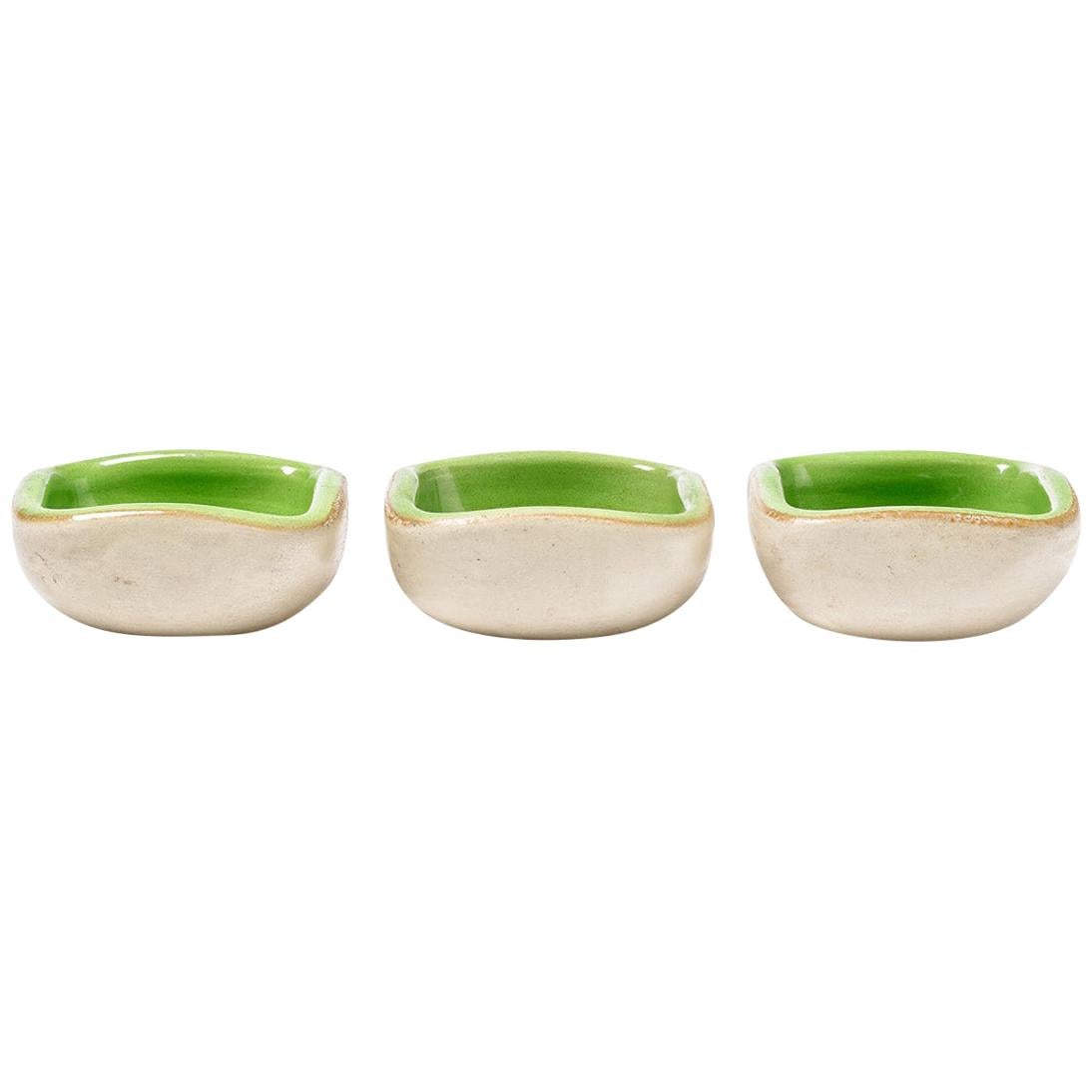 Set of Three Ceramic Green and White Dishes Cup by Keramos Midcentury Design