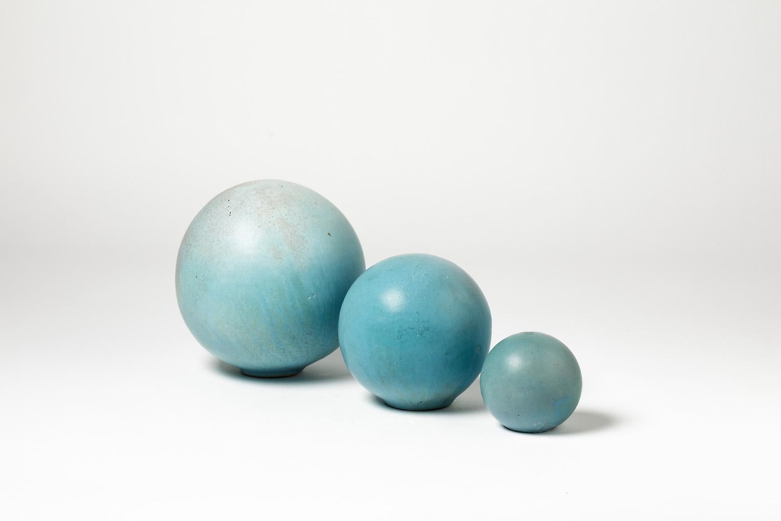 Beaux Arts Set of Three Ceramic Sculptures with Blue Glaze Decoration by Tim Orr, 1970