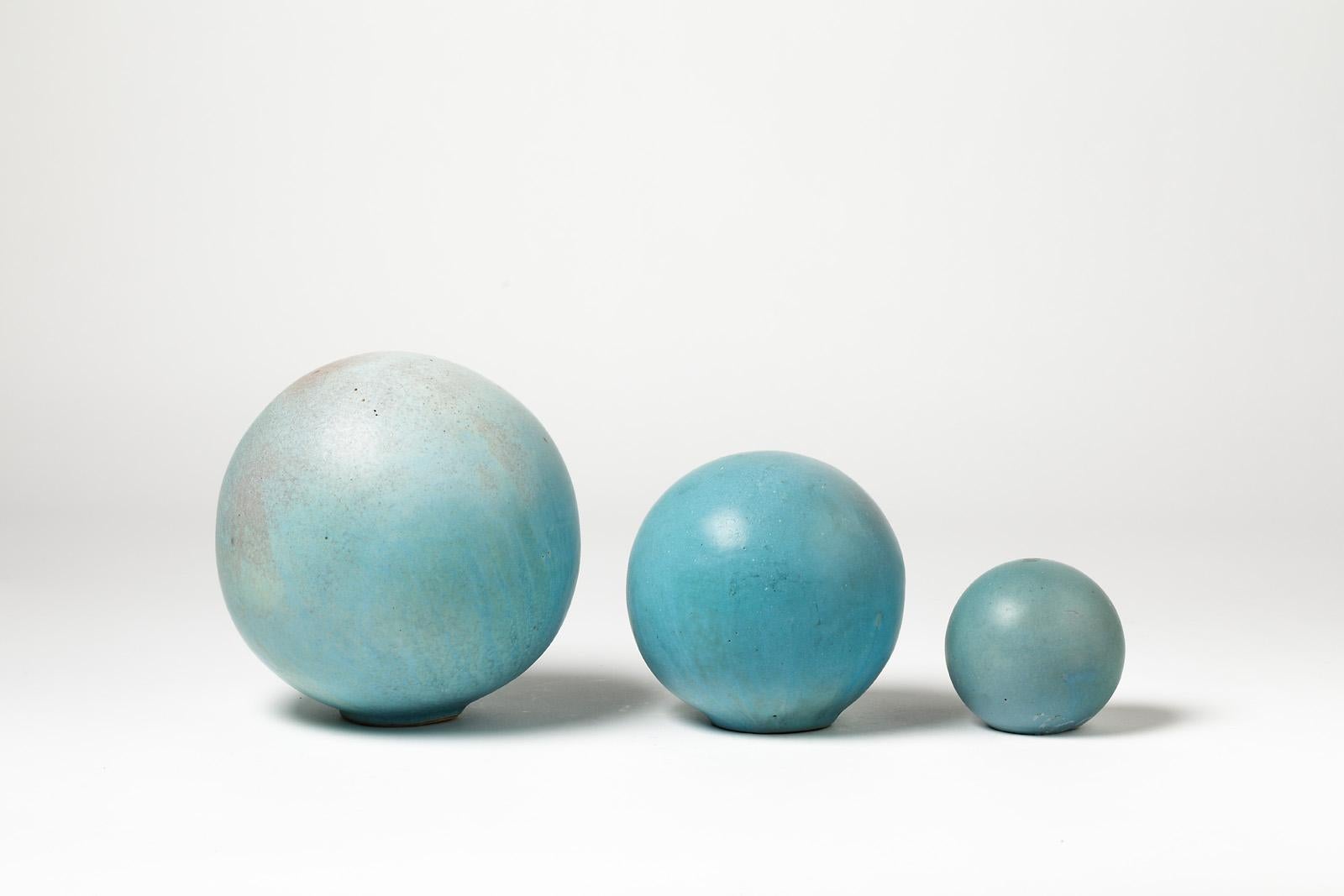 French Set of Three Ceramic Sculptures with Blue Glaze Decoration by Tim Orr, 1970