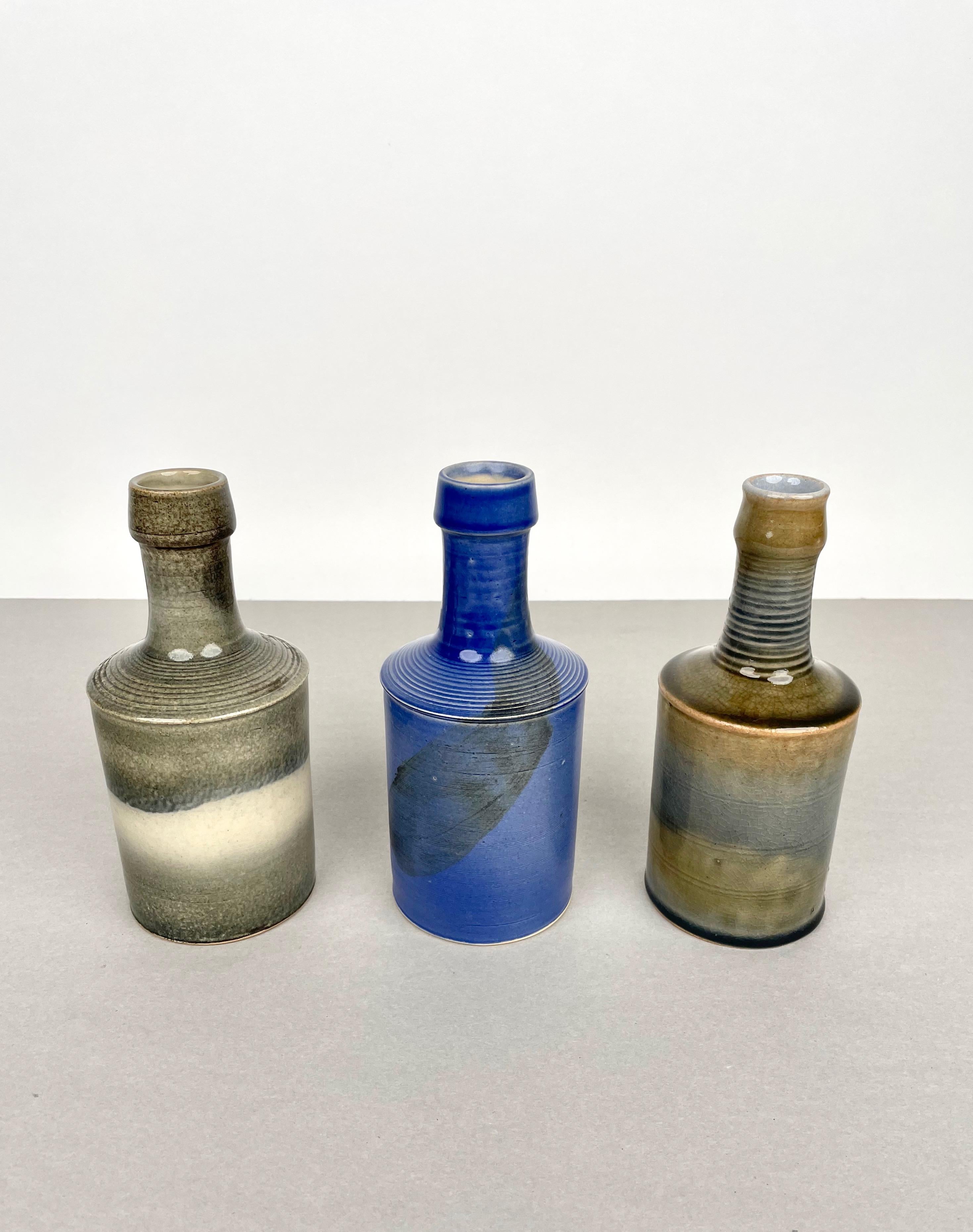 Italian Set of Three Ceramic Vase Bottle Nanni Valentini Laboratorio Pesaro Italy, 1960s For Sale