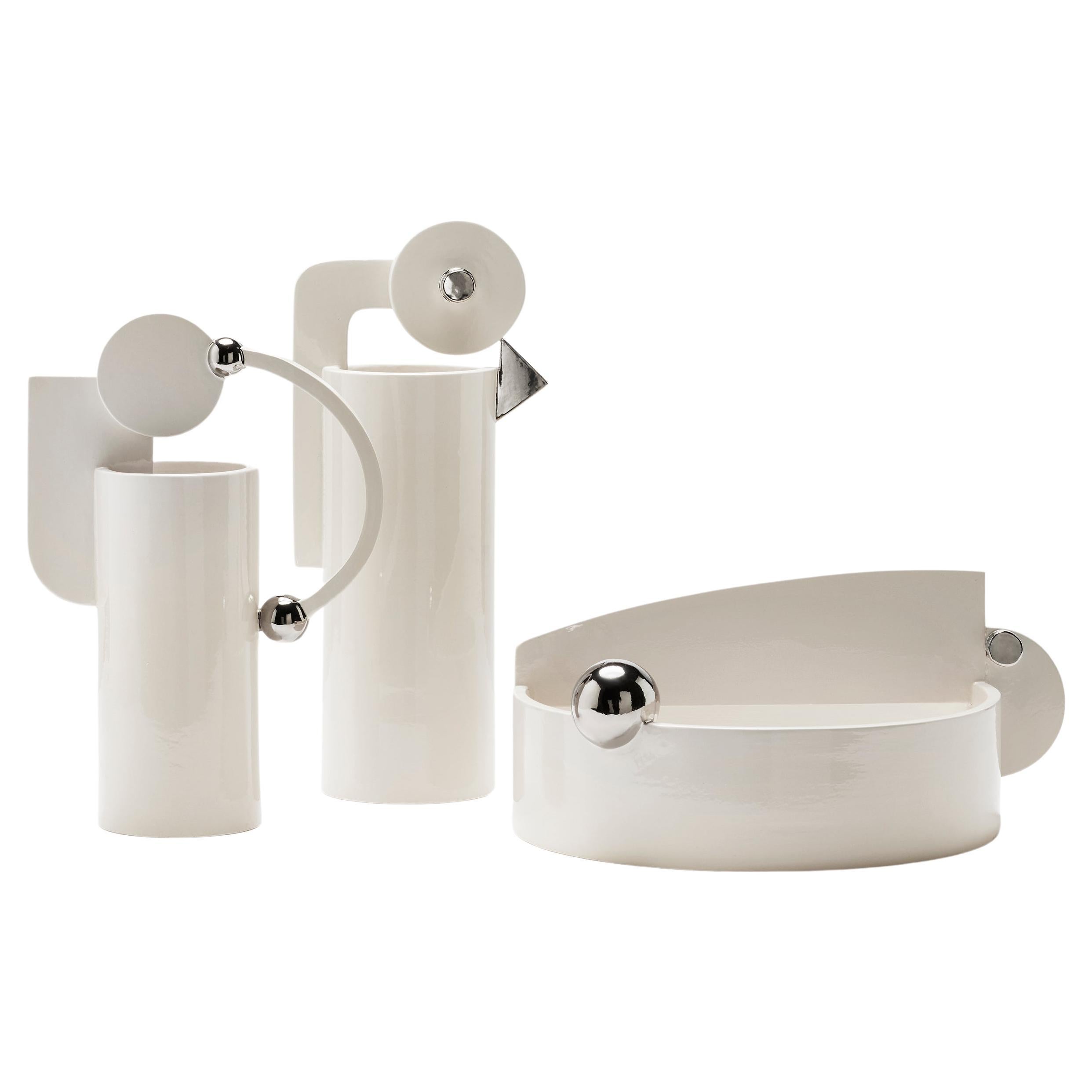 Set of Three Ceramic Vases White and Real Platinum, Glossy Modern Chic Luxury