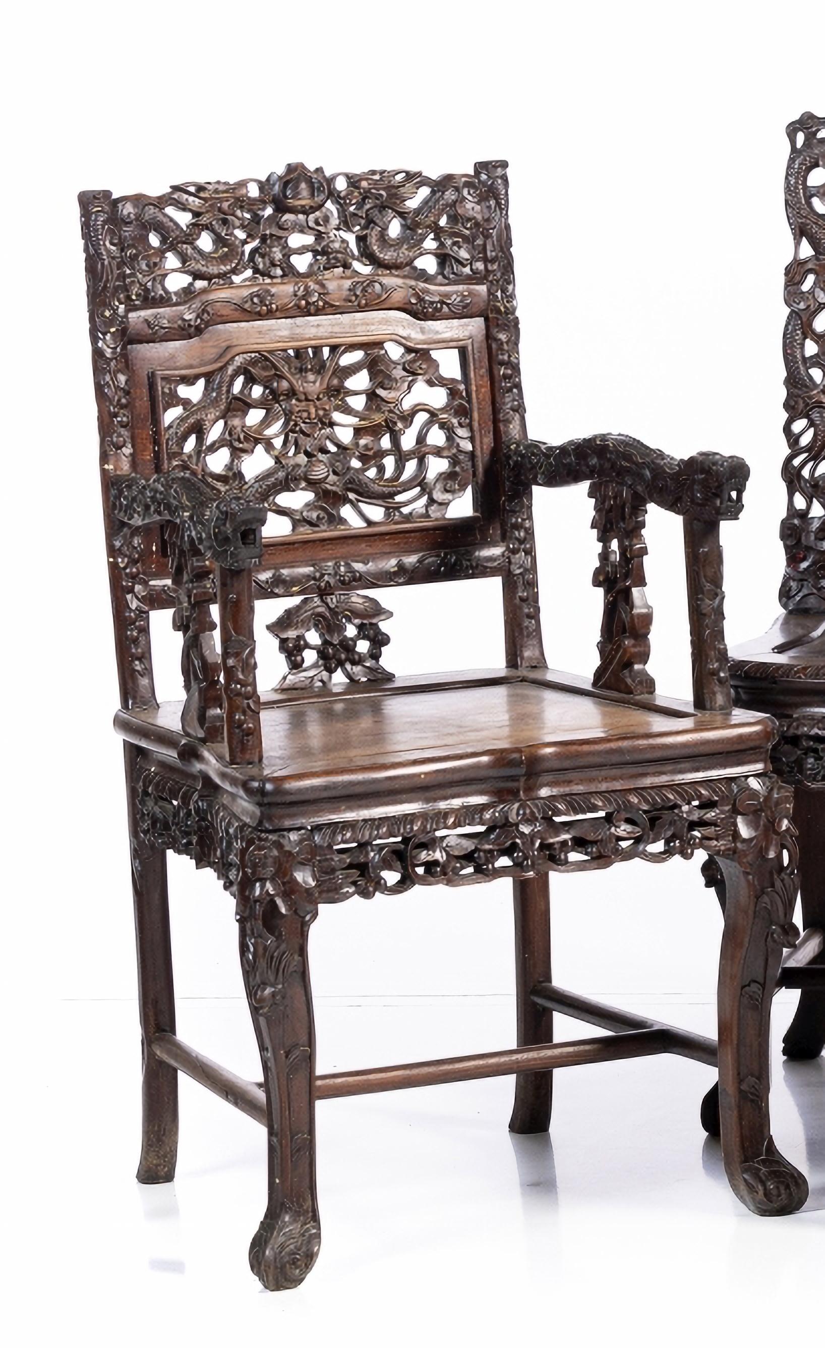 Chinese SET OF THREE CHAIRS AND TWO CHINESE ARMCHAIRS end 19th Century For Sale