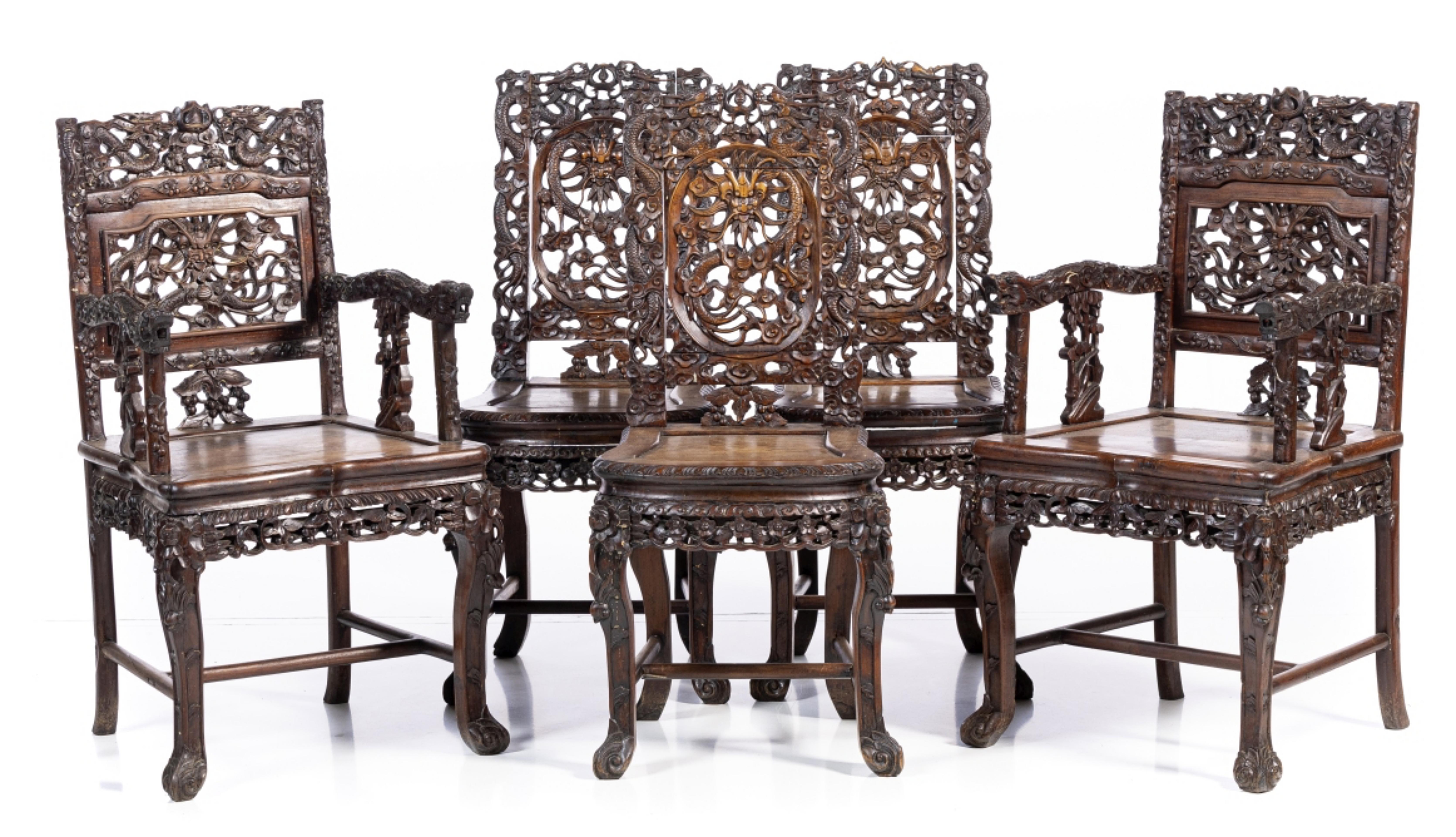 Hand-Crafted SET OF THREE CHAIRS AND TWO CHINESE ARMCHAIRS end 19th Century For Sale