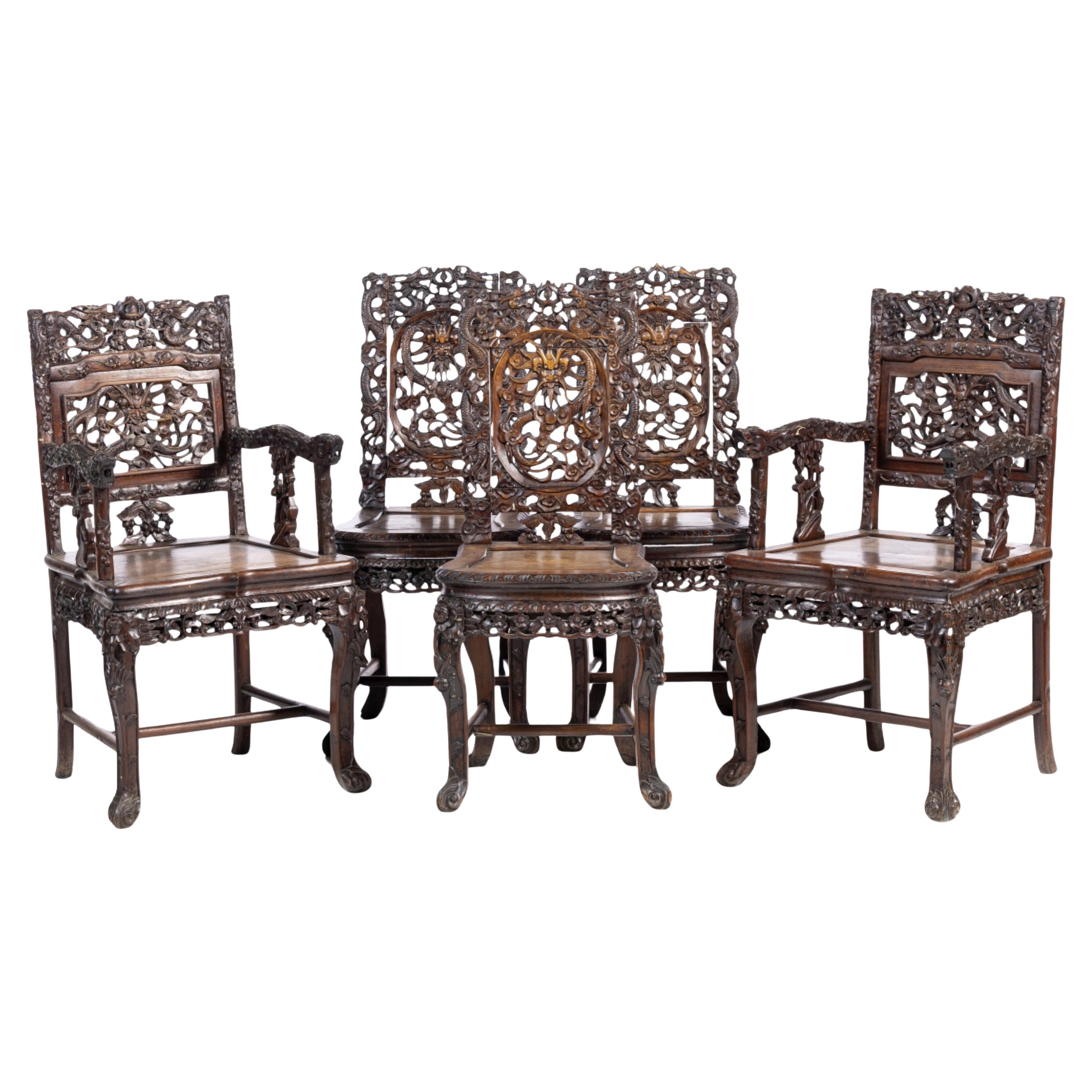 SET OF THREE CHAIRS AND TWO CHINESE ARMCHAIRS end 19th Century For Sale