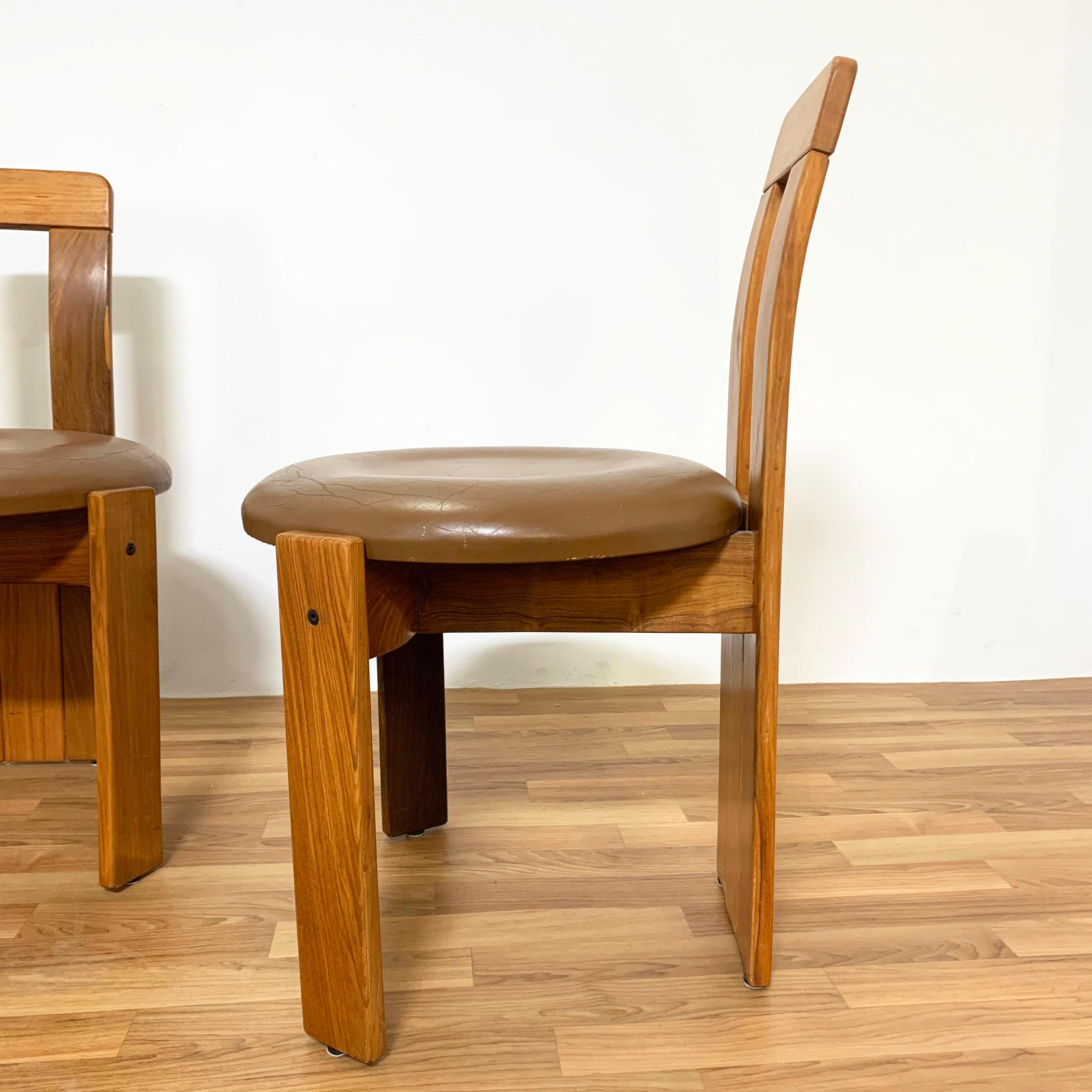 Unknown Set of Three Chairs in Bleached Walnut and Leather Attributed to Carla Scarpa
