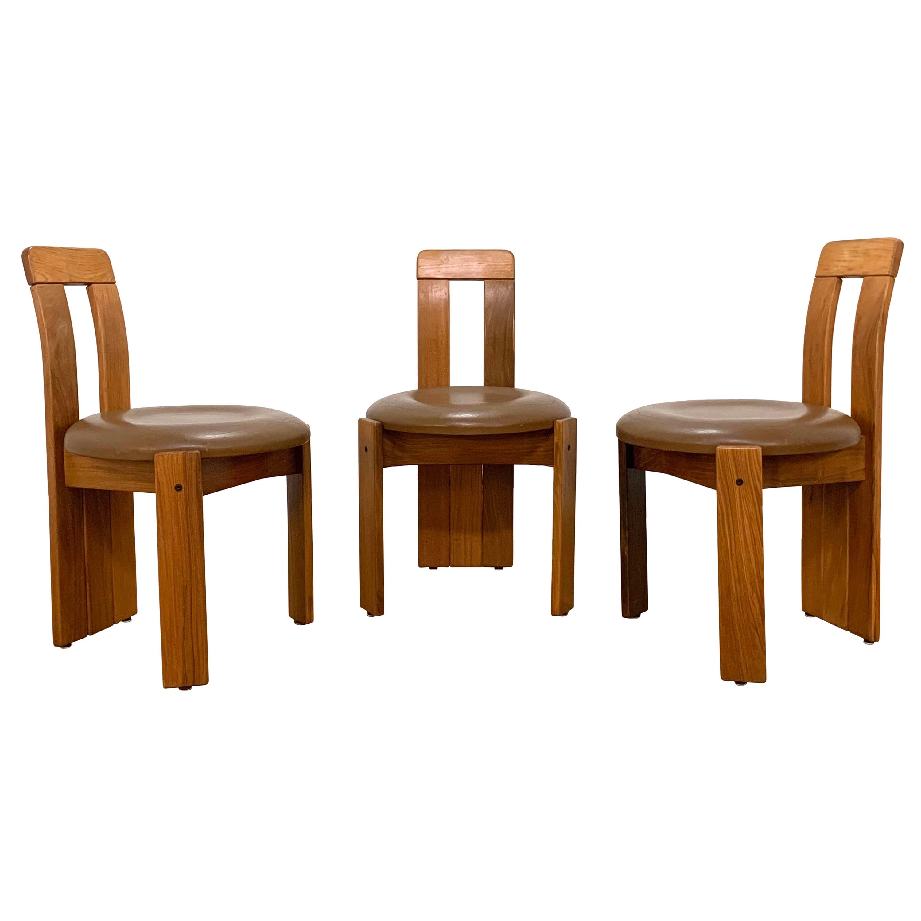 Set of Three Chairs in Bleached Walnut and Leather Attributed to Carla Scarpa