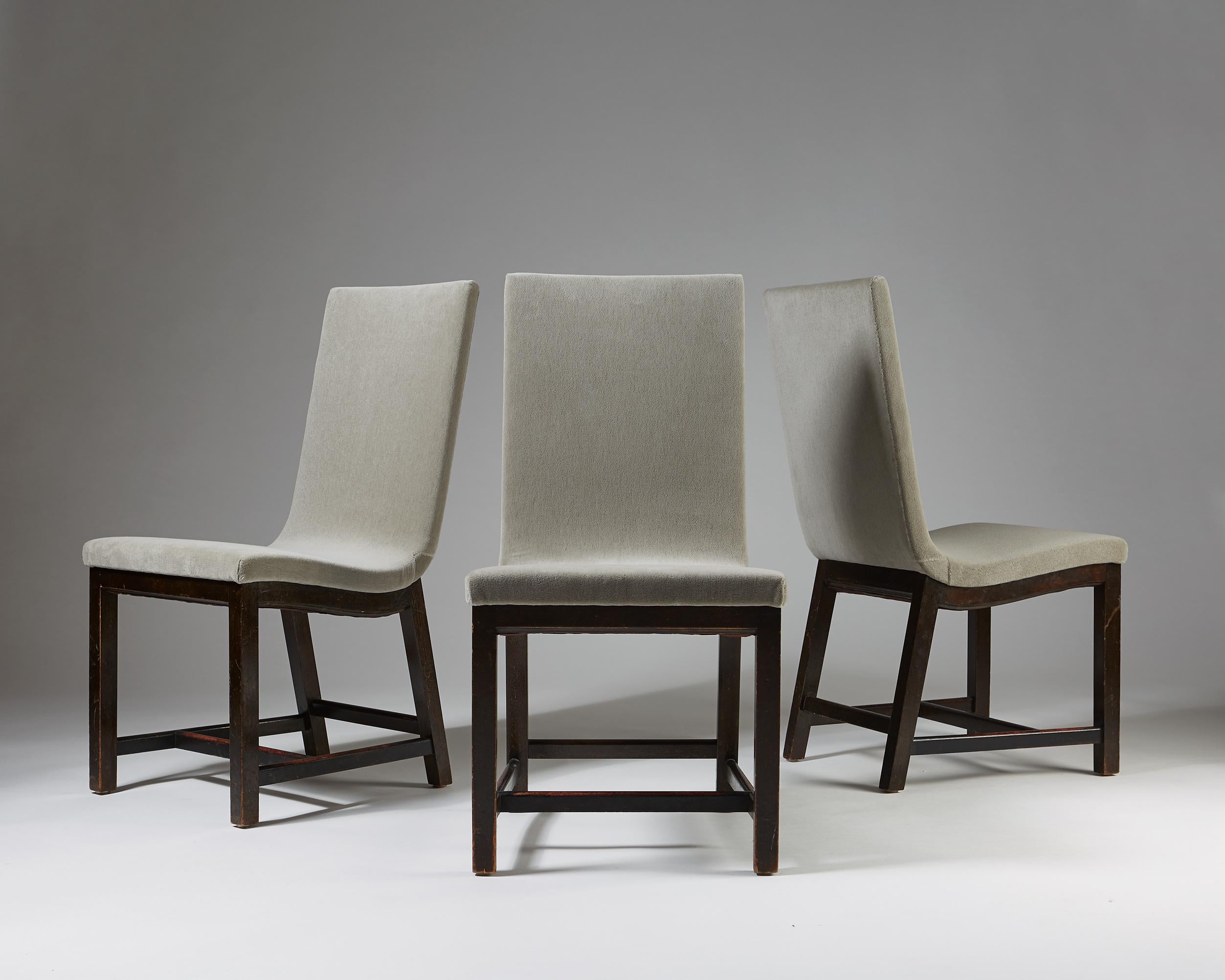 Set of three chairs “Typenko” designed by Axel Einar Hjorth for Nordiska Kompaniet,
Sweden. 1944.

Birch and velvet upholstery.

Dimensions:
H: 88 cm/ 2' 11''
W: 45,5 cm/ 1' 6 1/2''
D: 57 cm/ 1' 11''
Seat height: 43 cm/ 1' 5 1/2''

From 1927 to