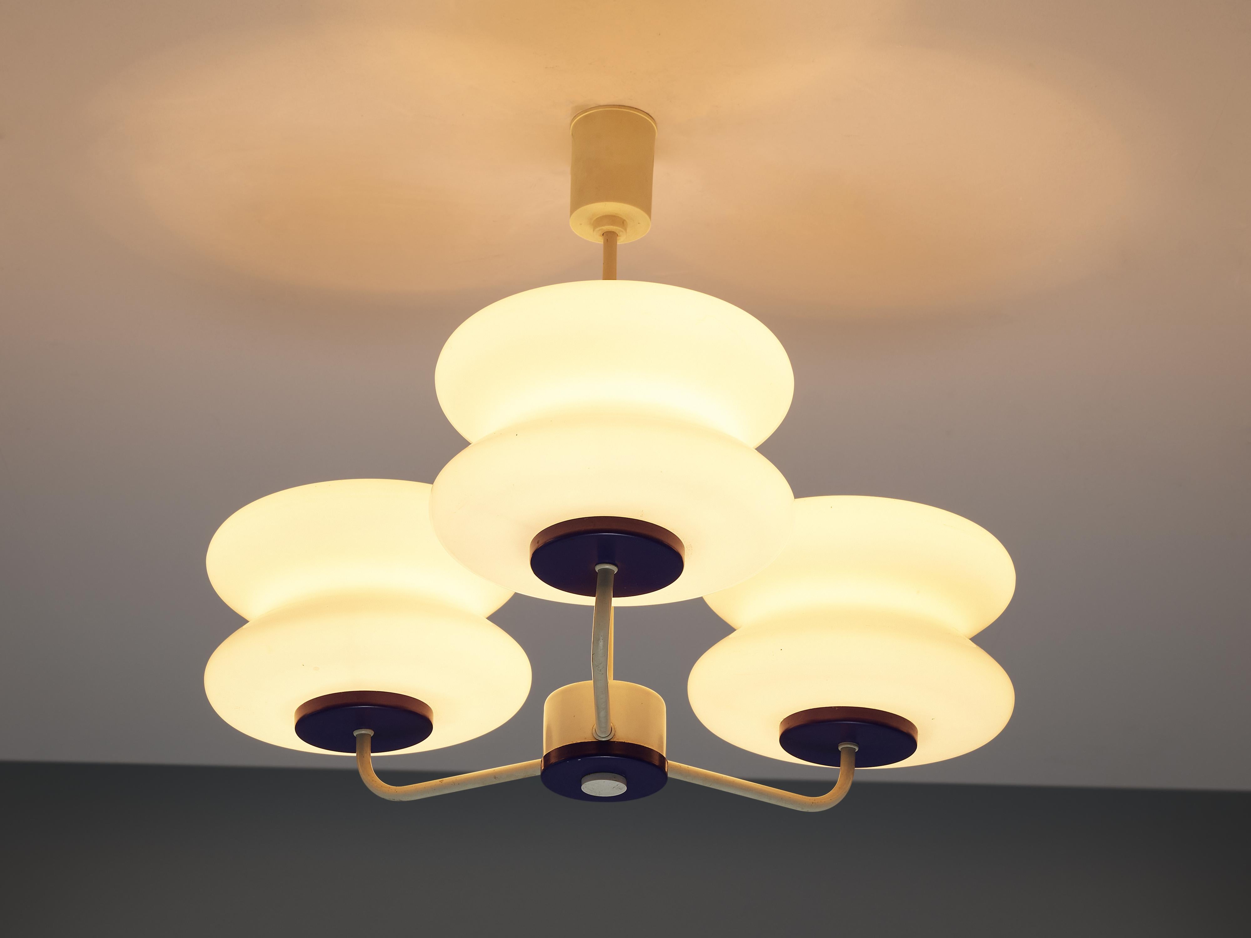 Mid-Century Modern Set of Three Chandeliers in Metal and Glass
