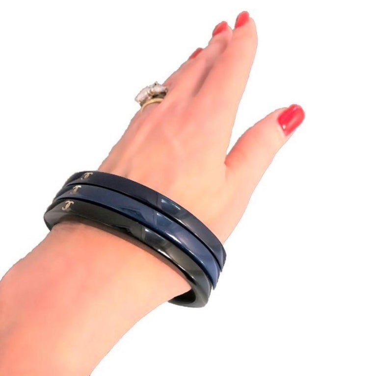 CHANEL Women Blue Bracelet Denim Wristband Leather Bangle Charm CC Logo  Hook