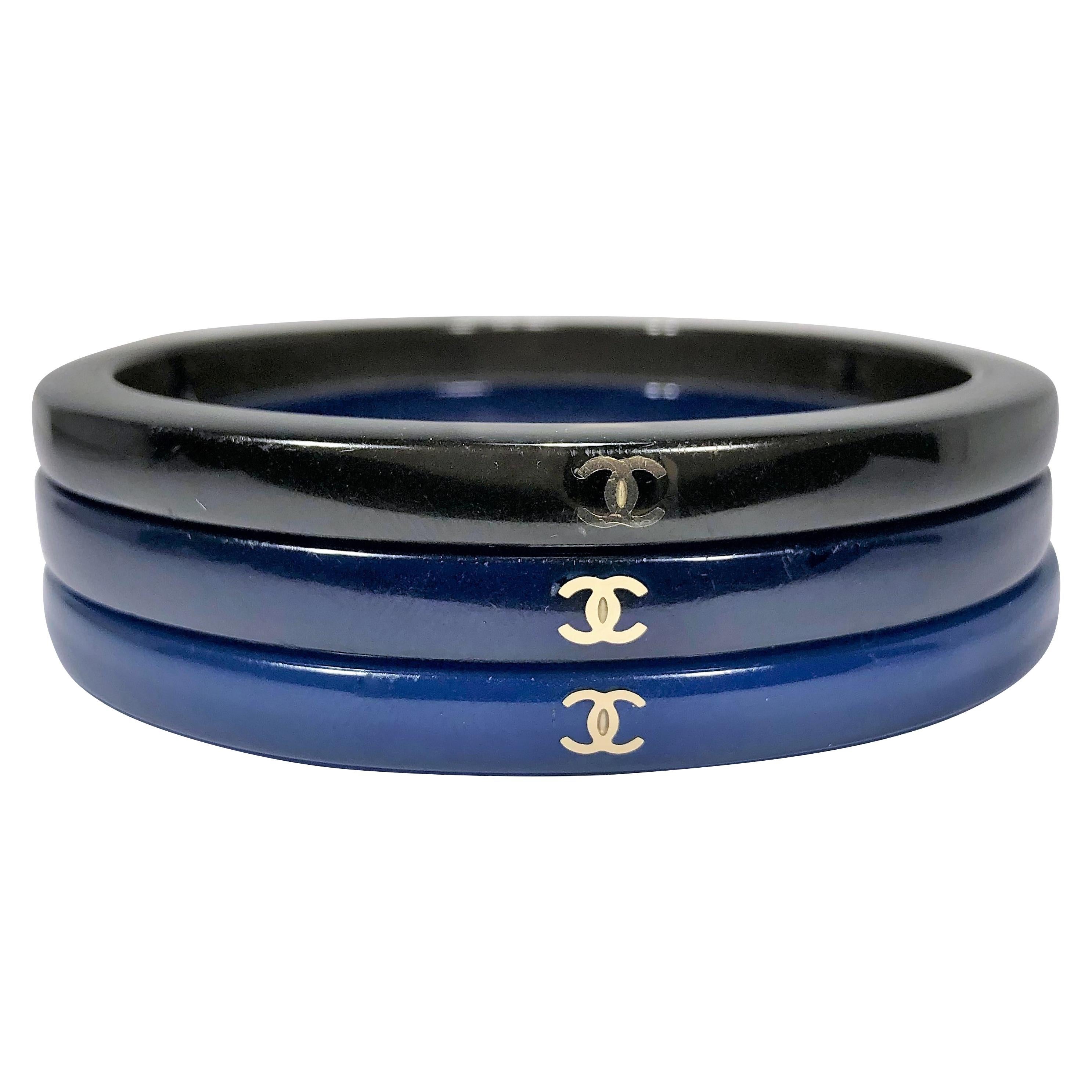 Set of Three Chanel Bangles- Blue, Dark Blue and Black with Gold Tone CC Logo For Sale