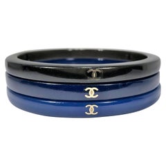 Set of Three Chanel Bangles- Blue, Dark Blue and Black with Gold Tone CC Logo