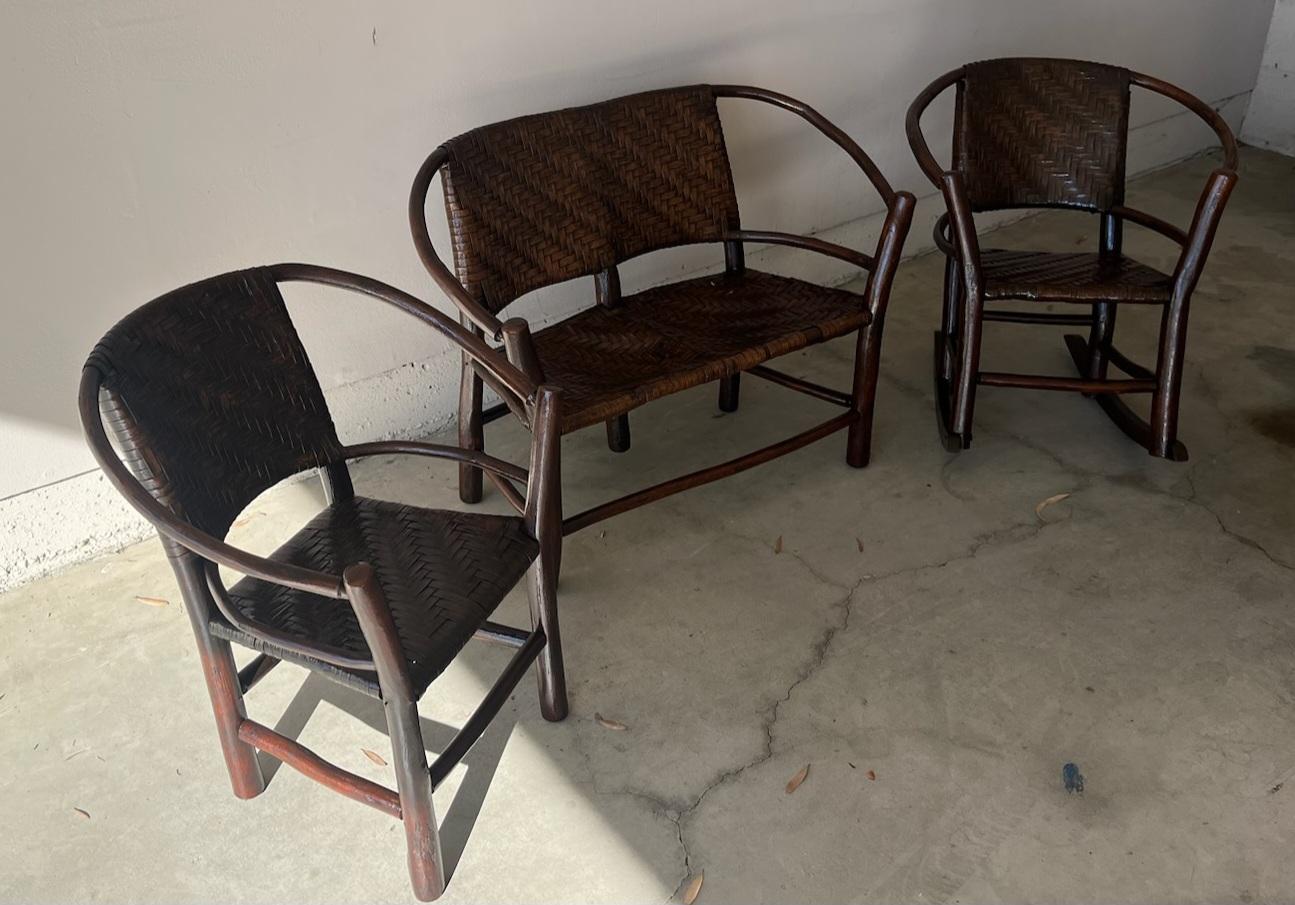 Adirondack Set of Three Children's Old Hickory Settee Rocker and Chair For Sale